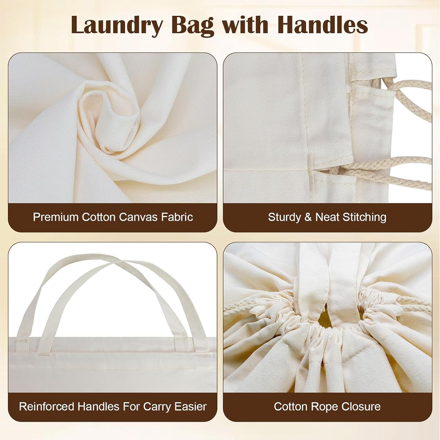 Canvas Laundry Bags with Handles & Rectangular Base, 90L Extra Large Heavy Duty Laundry Basket Hamper Liner Replacement, Washable Cotton Drawstring Dirty Clothes Bag