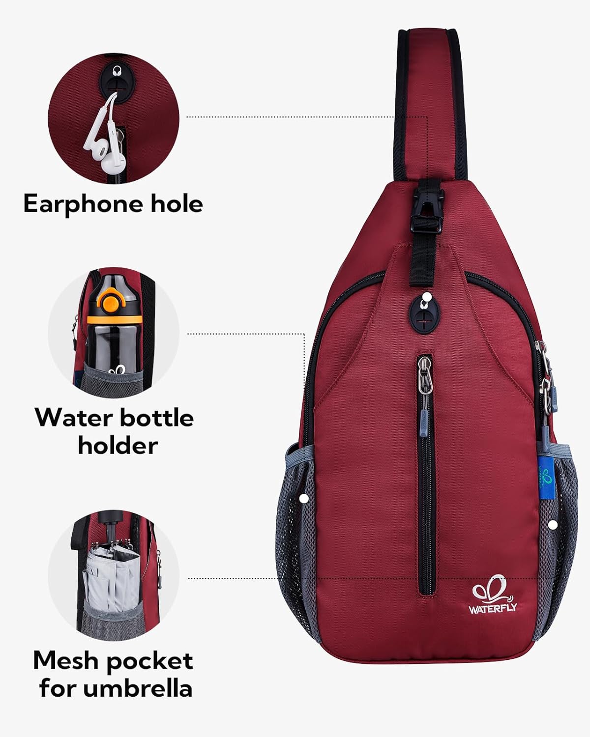 WATERFLY Crossbody Sling Backpack Sling Bag Travel Hiking Chest Bag Daypack
