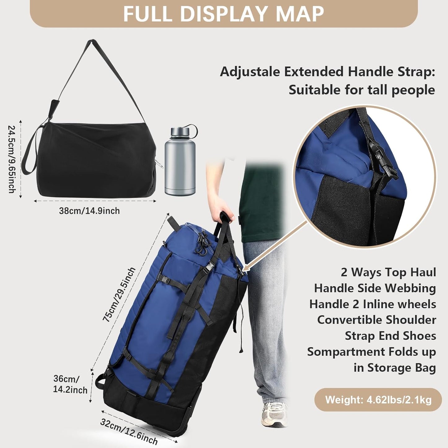 CONTAIL 86L Foldable Wheeled Duffel Backpack with Padded Quilted Bottom,Waterproof Travel Duffle Bag with Extended Handles,Navy