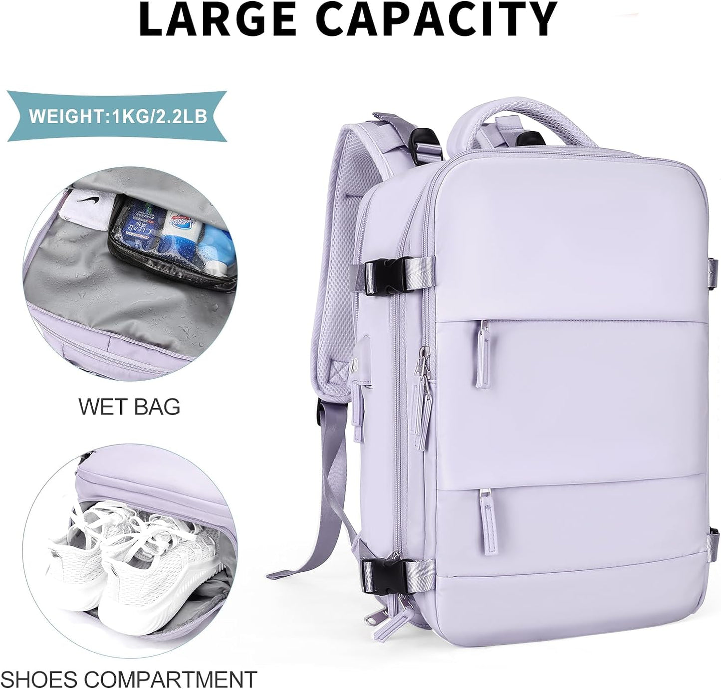 coowoz Large Travel Backpack For Women Men,Carry On Backpack,Hiking Backpack Waterproof Outdoor Sports Rucksack Casual Daypack Travel Essentials(Purple)