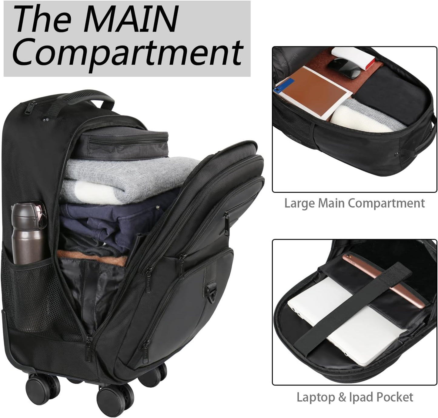 MATEIN Roller Backpack, 18 inch Large Travel Laptop Bag with 4 Wheels for Adults, Heavy Duty Wheeled Suitcase Luggage Pack for Work Business, Rolling Spinner Computer Rucksack for Men Women, Black