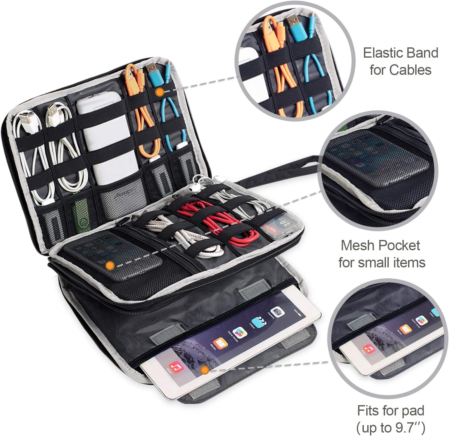 BUBM Double Layer Electronics Organizer, Travel Gadget Bag for Cables, Memory Cards, Flash Hard Drive and More, Fit for iPad or Tablet(up To 9.7")--Large, Gray