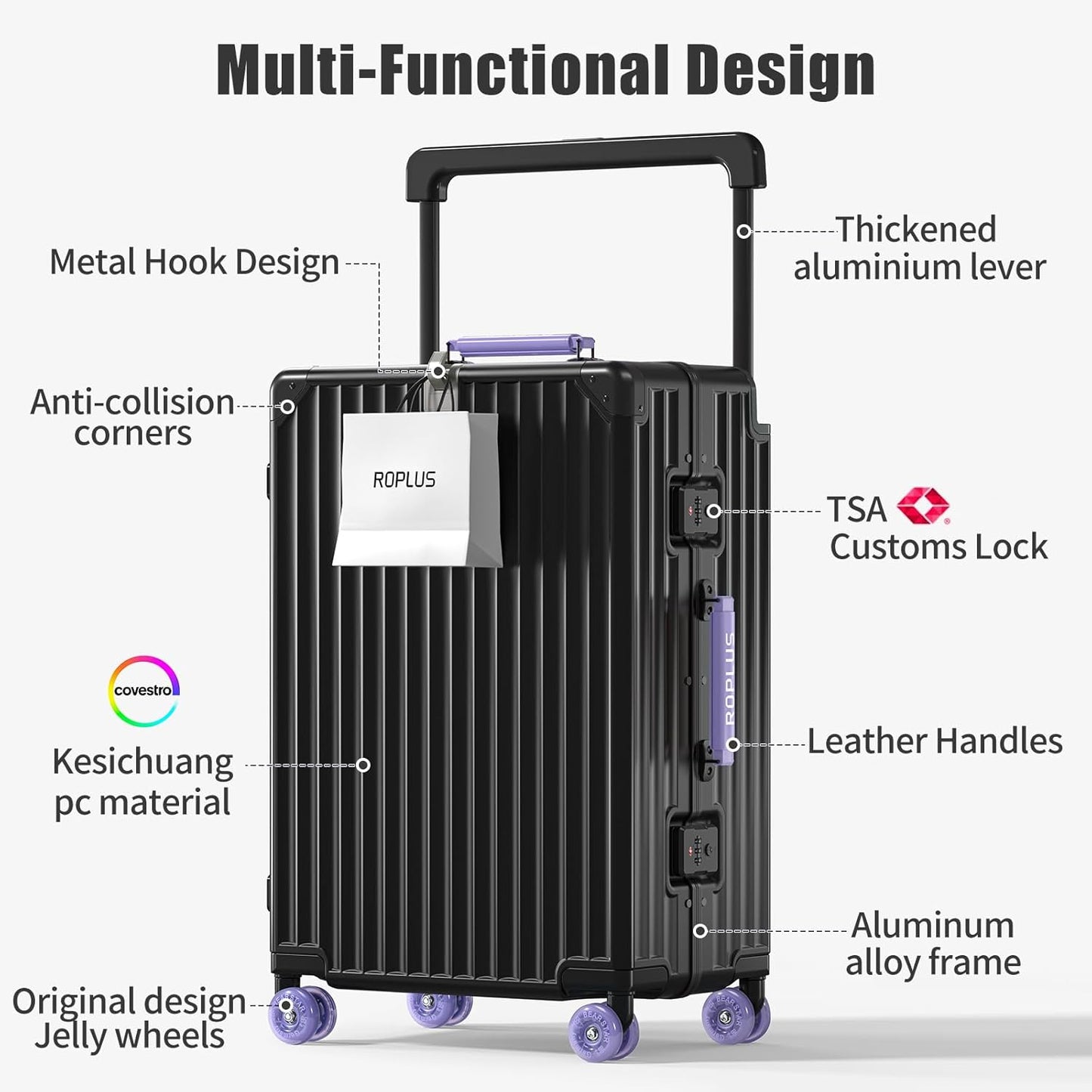 Aluminium Frame Carry on Luggage with Smooth Jelly Wheels, Hardside Zipperless Rolling Suitcase with TSA Lock (BlackPurple, 21-Inch)