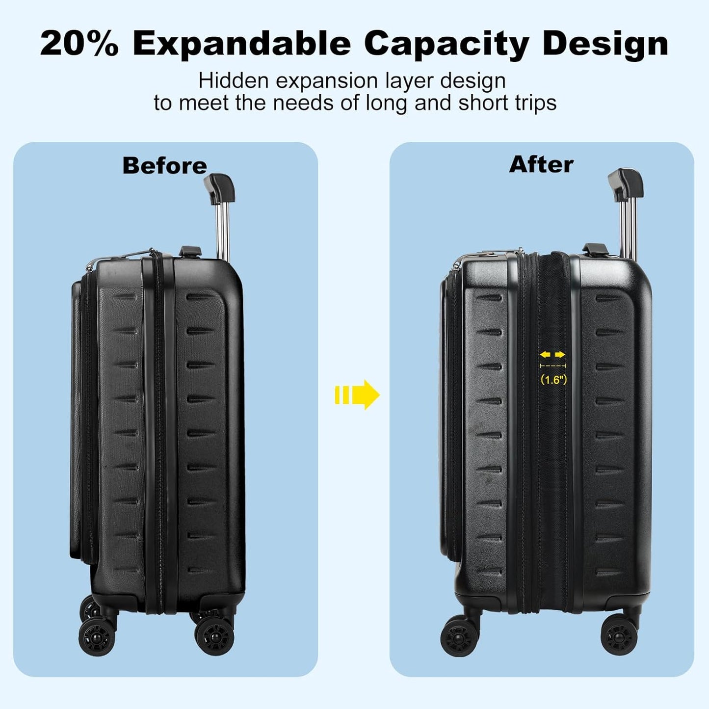 Expandable Carry On Luggage Airline Approved, 20 Inch Lightweight ABS+PC Hard Shell Suitcases with Front Pocket, Spinner Wheels, TSA Lock (Black, 1PC)