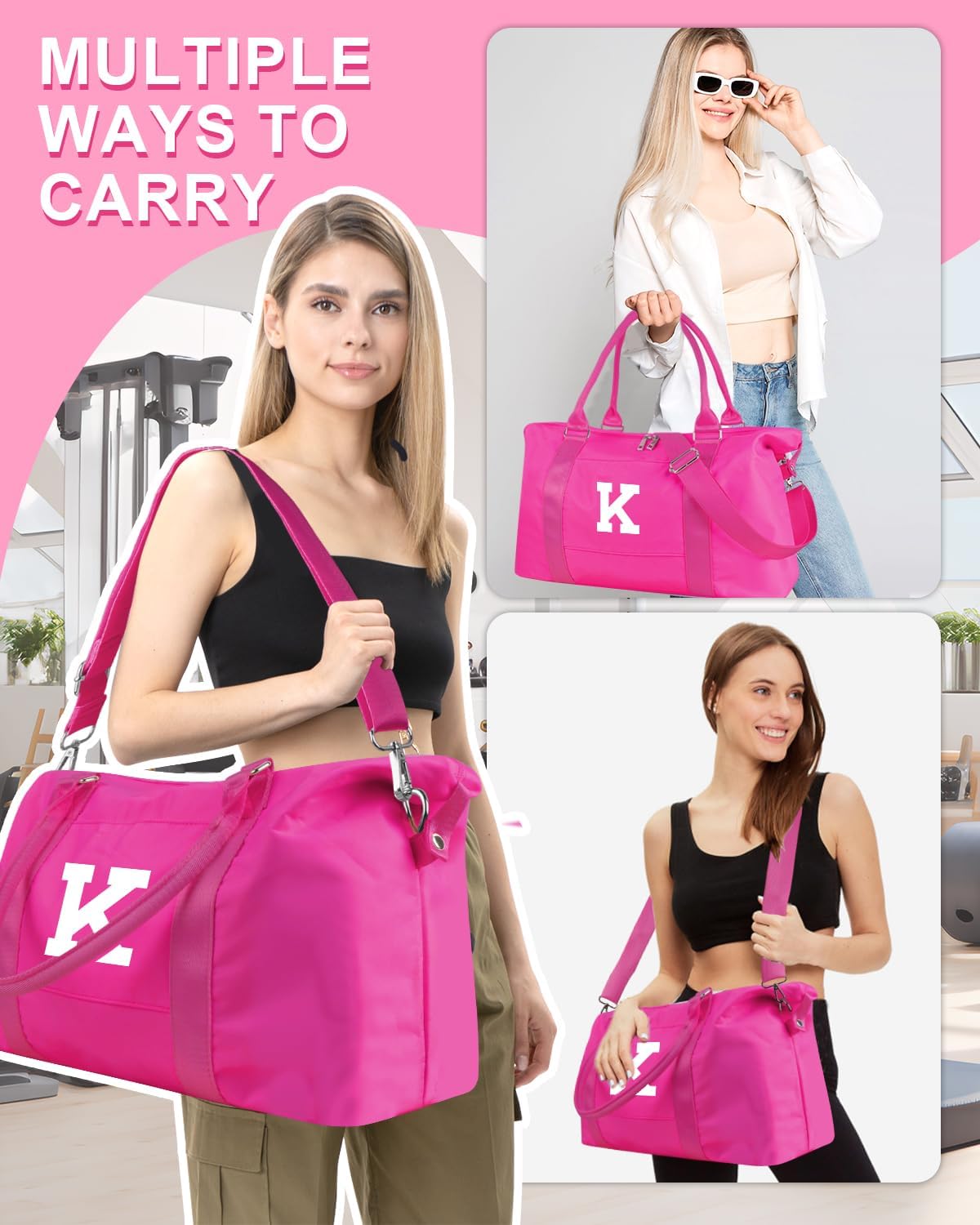 Overnight Bag for Kids Teen Girls Weekender Dance Bag Birthday Graduation Gifts,Initial Travel Duffel Bag Sports Gym Bag Personalized Weekender Bag Carry On Bags Preppy Gifts for Women(Hot Pink, K)