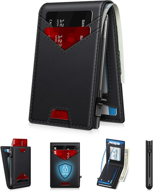 Wallet for Men Wallet with Slim Pop Up Card Holder for 12-14 Cards, RFID Blocking Bifold Minimalist Smart Wallet, Credit Card Holder with ID Window & Cash Slot, Compact Metal Card Case, Gifts for Men