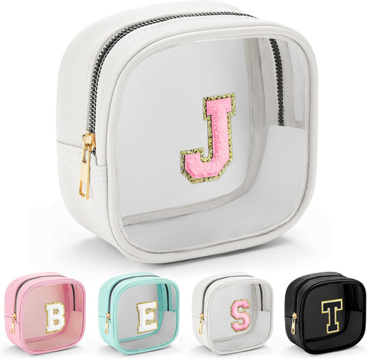 YOOLIFE Initial Make Up Bag Travel Toiletry Bag, Clear Makeup Bag Preppy Cosmetic Bags Organizer Travel Essentials Gifts for Women Teen Girlfriend Teacher Mom Birthday Mothers Day Gifts White J