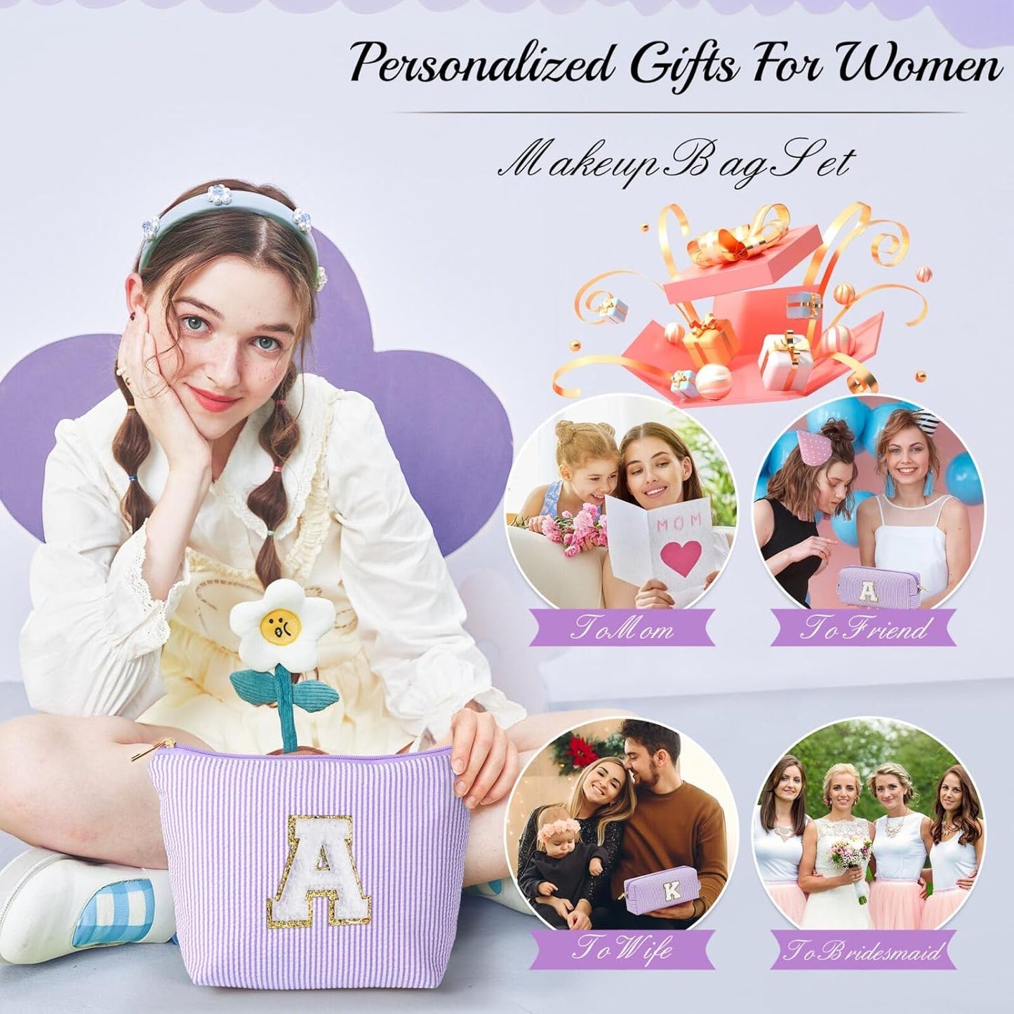 YOOLIFE Personalized Friend Birthday Gifts - 2 Pieces Makeup Bag Cosmetic Bags for Women Travel Makeup Bag Make up Bag with Small Makeup Bag Wedding Bridesmaid Gifts Teacher Gifts for Women Letter H