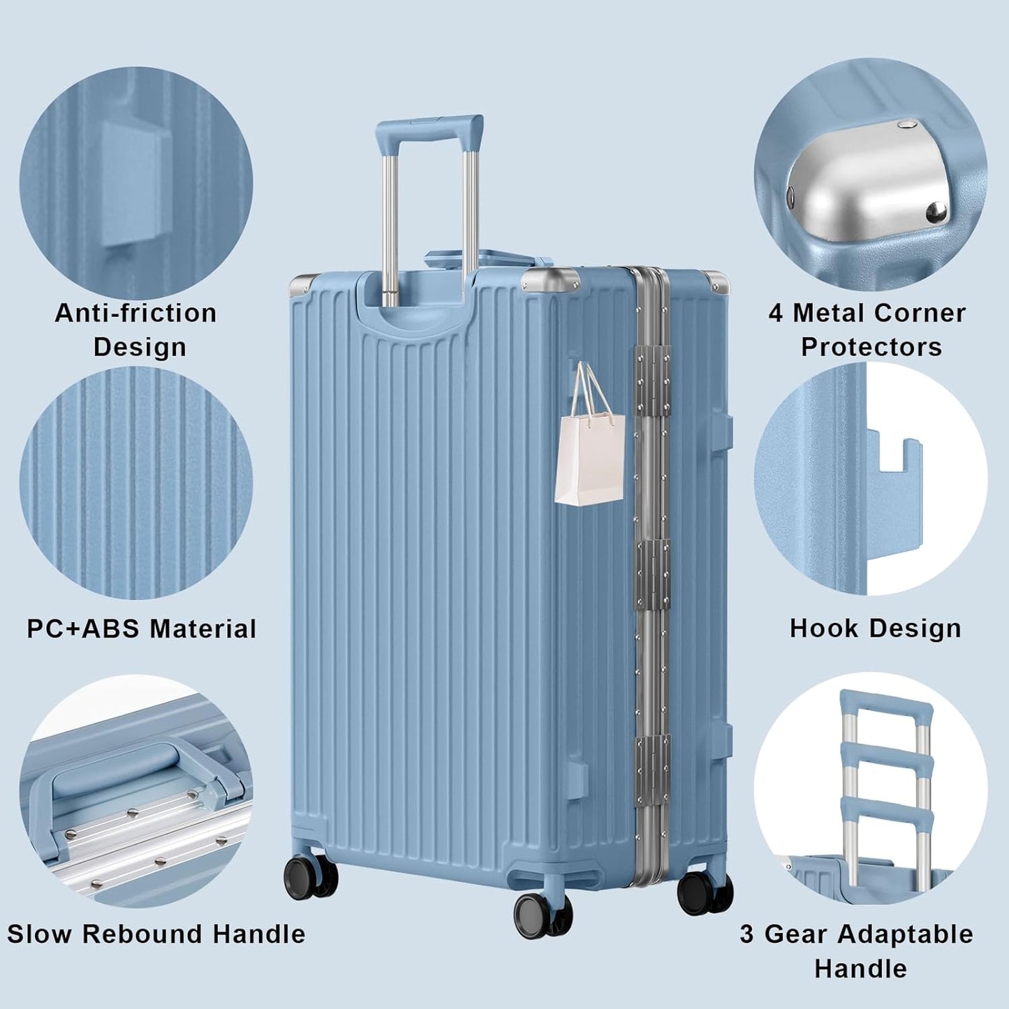 AnyZip Luggage PC+ABS Aluminum Frame Zipperless Checked Luggage Hard Shell Suitcase with TSA Lock Double Spinner Wheels 24 Inch Haze Blue