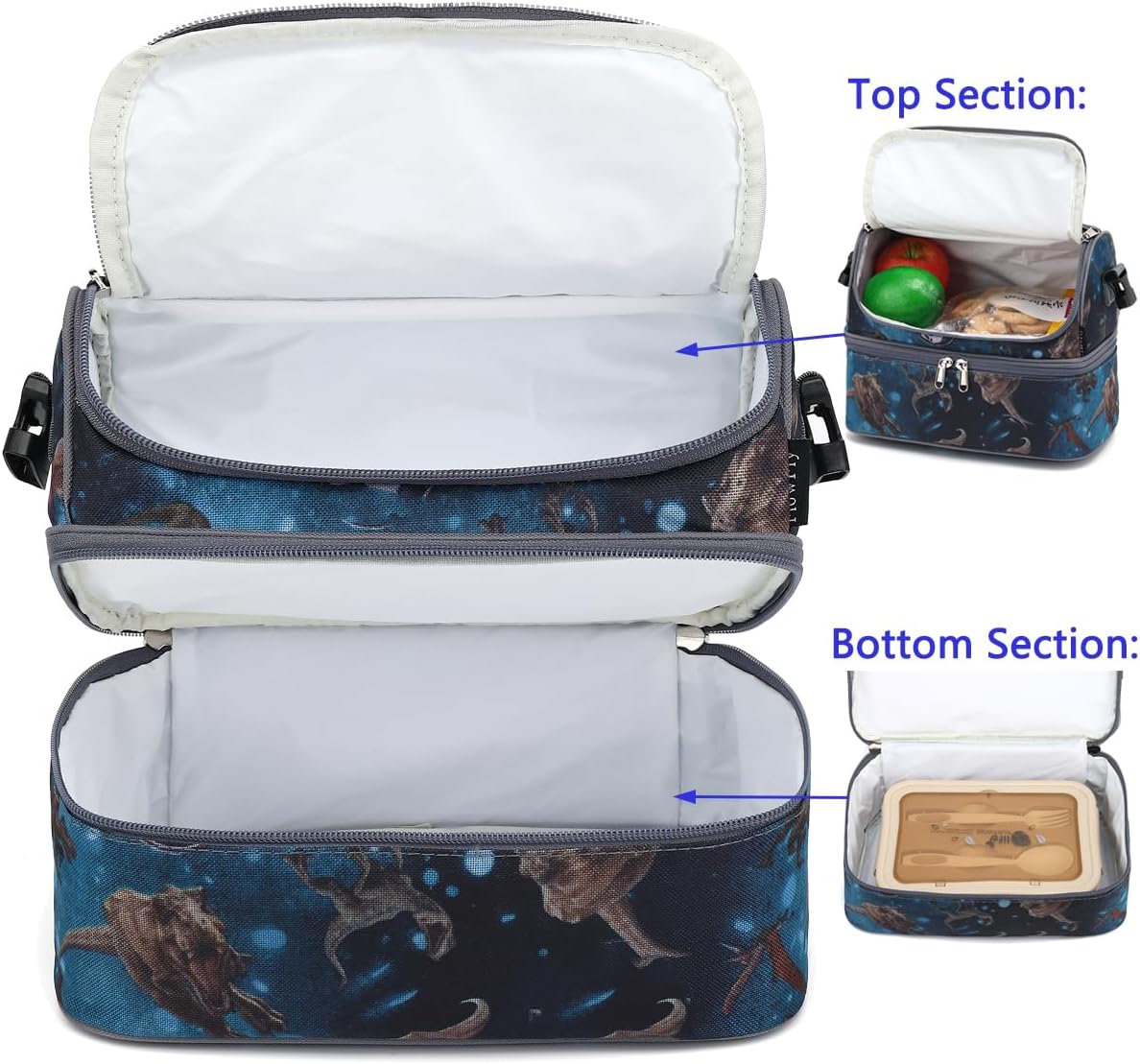 FlowFly Double Decker Cooler Insulated Lunch Bag Large Tote for Boys, Girls, Men, Women, With Adjustable Strap, MyDinosaur