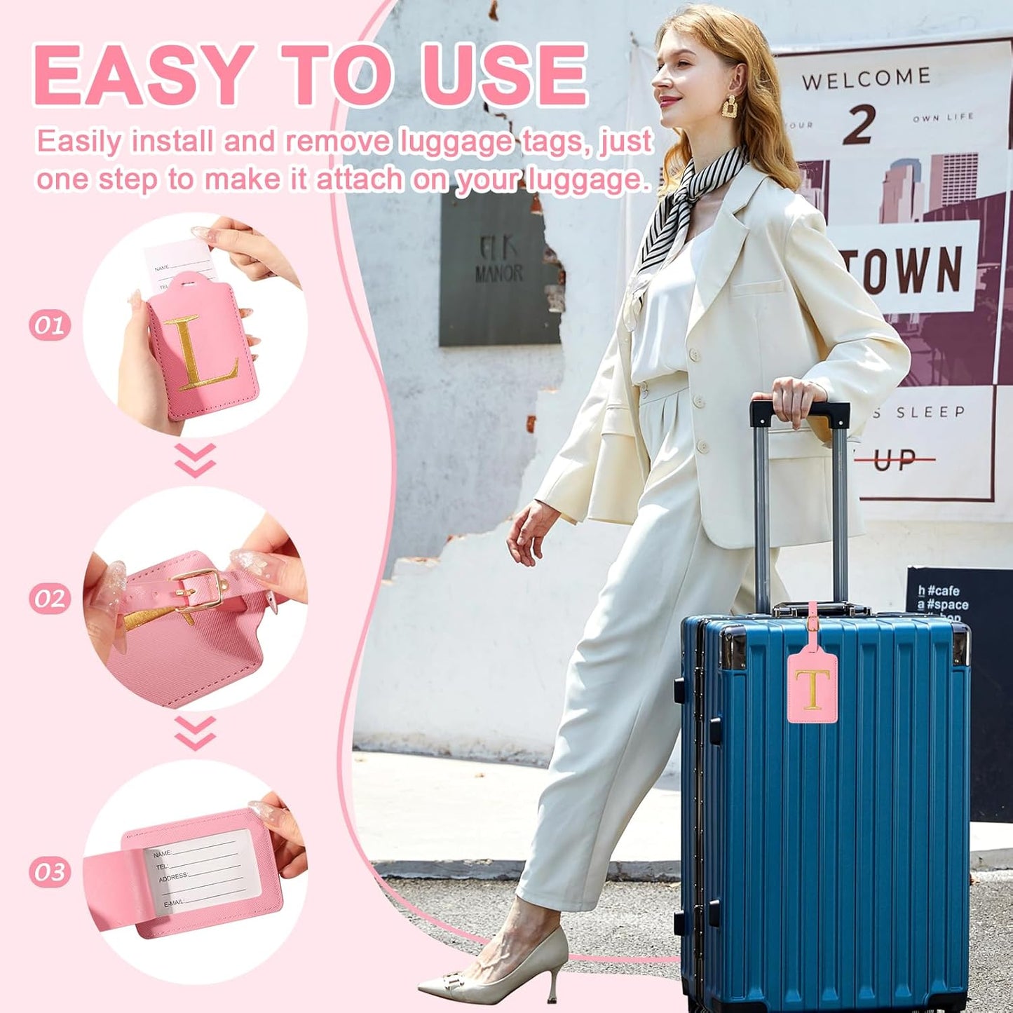 Personalized Initial Luggage Tags for Suitcase, Pink Leather Cute Luggage Tags with Privacy Cover Name Card, Embroidered Custom Monogrammed Luggage Tag Travel Bag Baggage Tags Gifts for Women Kids(T)