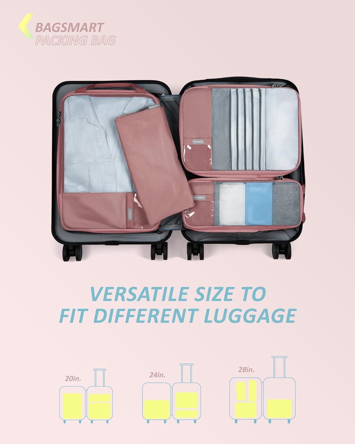 BAGSMART 6 Set Compression Packing Cubes - Lightweight Travel Essentials, Durable Luggage Organizer