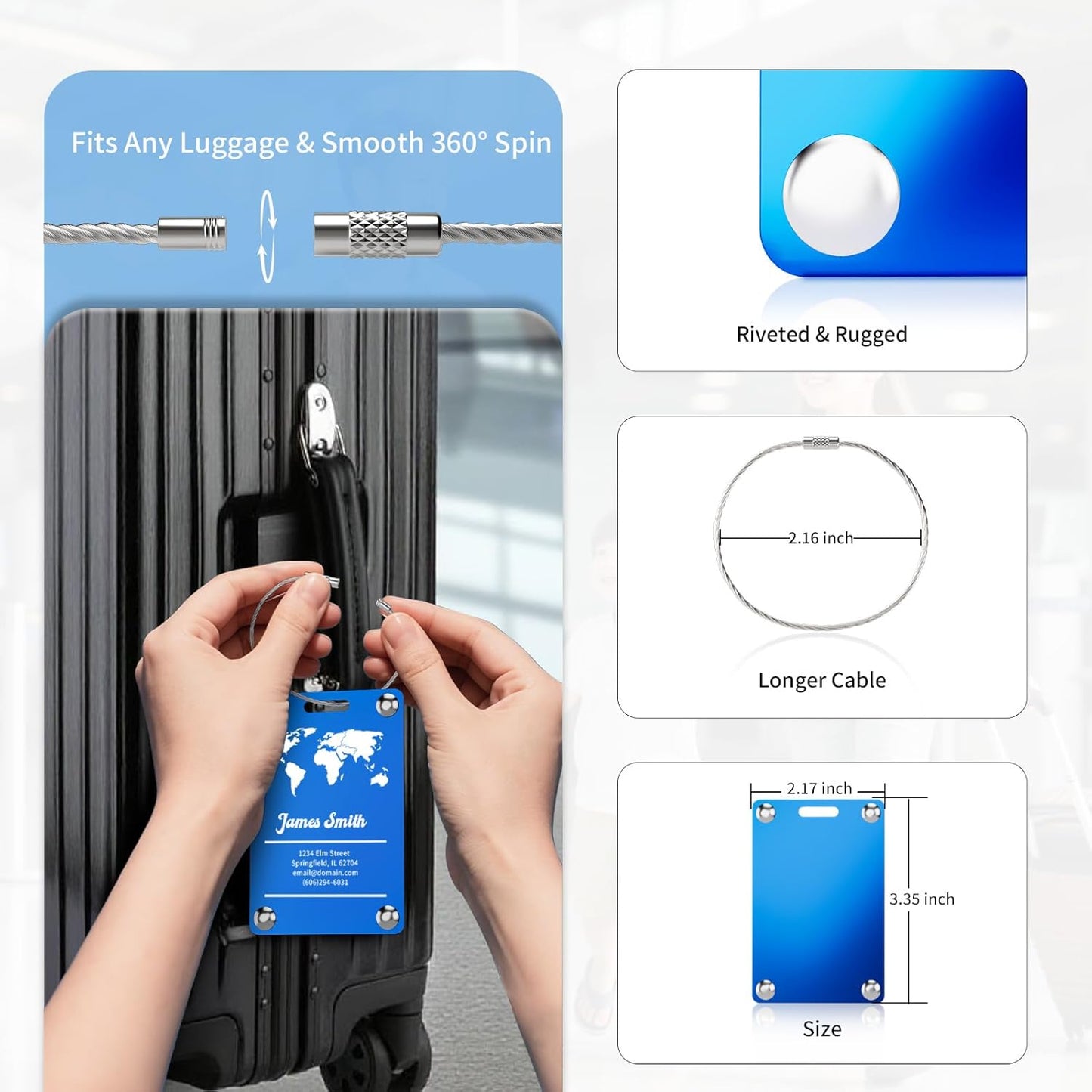 6 Pack Personalized Luggage Tags for Suitcases, Handmade Engraved Stainless Steel Custom Luggage Tags for Cruise Travel with Stainless Loop, Suitcase Identifier Metal Name Baggage Tag