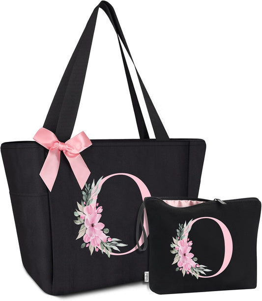 Vavabox Tote Bag, A-Z Initial Monogrammed Waterproof Tote Bag, Bridesmaid Gifts for Women, Black and Pink