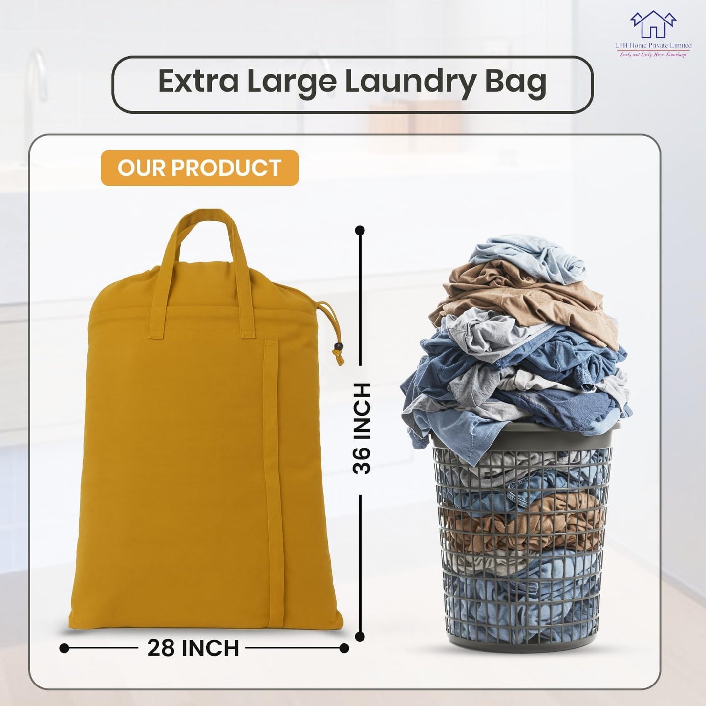 LFH Home Cotton Canvas Large Laundry Bag with Handle, Heavy Duty Drawstring Closure Washable Laundry Bags, School Travel, Home, Hotel, College Dorm, Organizer Sack, Toys Clothes 28x36-Yellow
