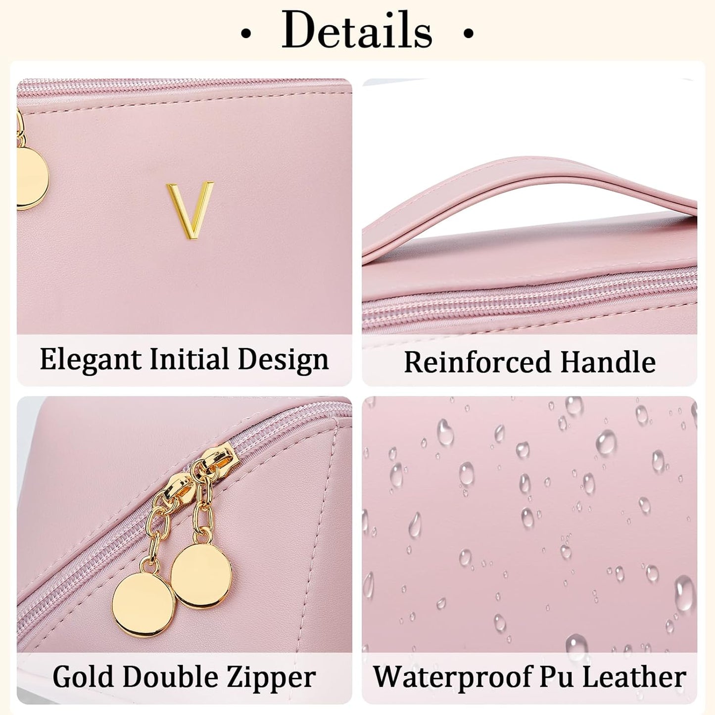 Birthday Gifts for Women Teen Girl, Personalized Initial Makeup Organizer Bag Set, Open Flat Travel Cosmetic Bag With Clear Divider and Handle(Pink,V)