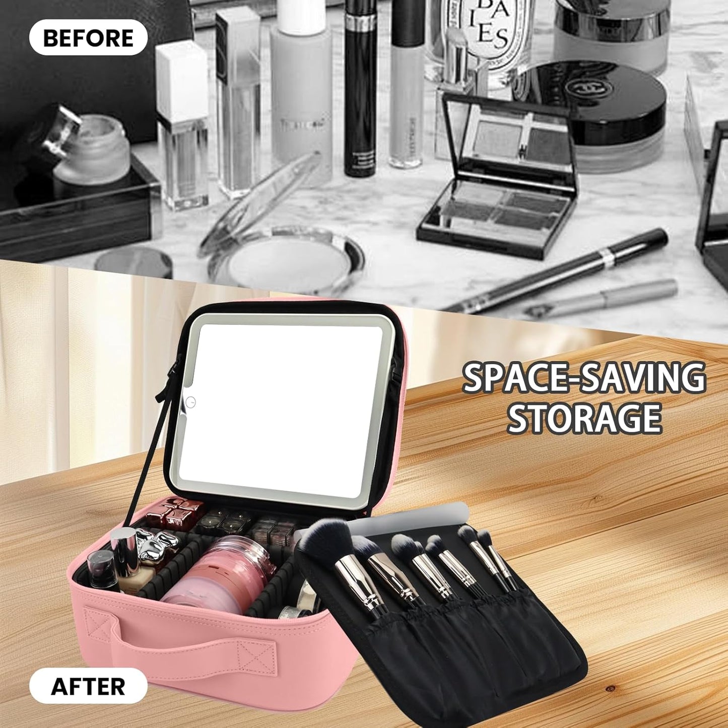 Travel Makeup Bag with LED Mirror Makeup Case with Light Up Mirror Portable Cosmetic Brush Organizer Bag with Adjustable Dividers for Cosmetics Makeup Brushes Toiletry (Pink)
