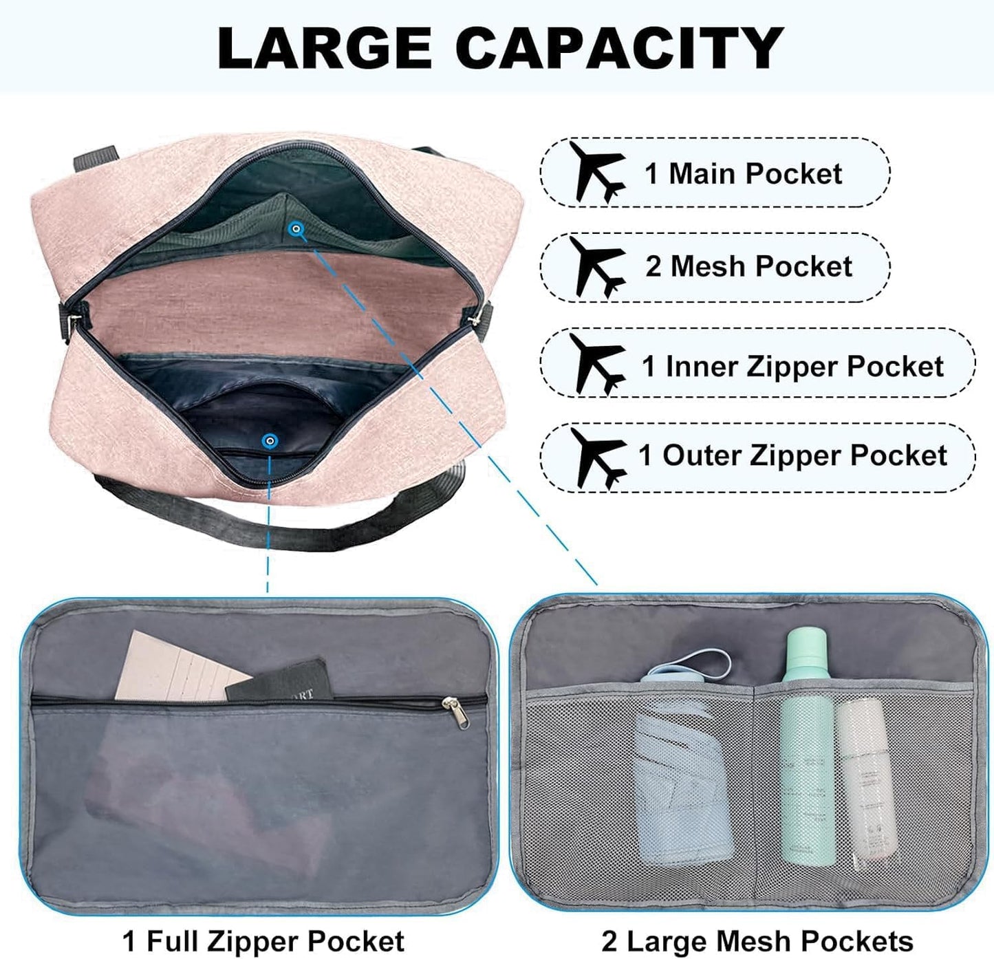 For Spirit Airlines Personal Item Bag 18x14x8 in Underseat Carry-on Luggage foldable Travel Duffle Bag for Airplanes(30L, Pink)
