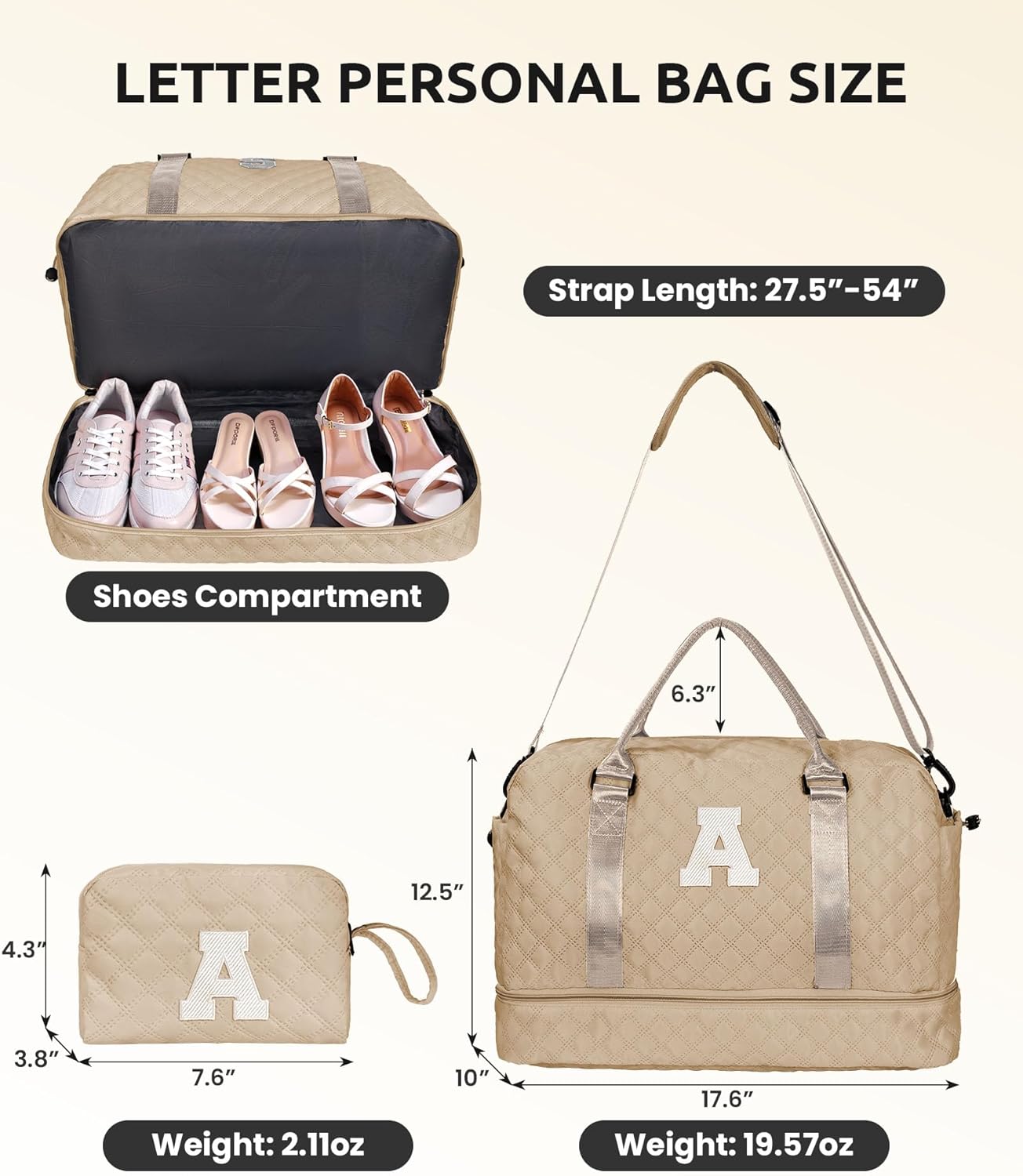Stuff for Girls 17-18, Gifts for Women-Initial Travel Bag with Shoe Compartment, Personalized Weekender Bag, Monogram Overnight Bag for Women, Letter Travel Bag with Makeup Bag (Letter W)