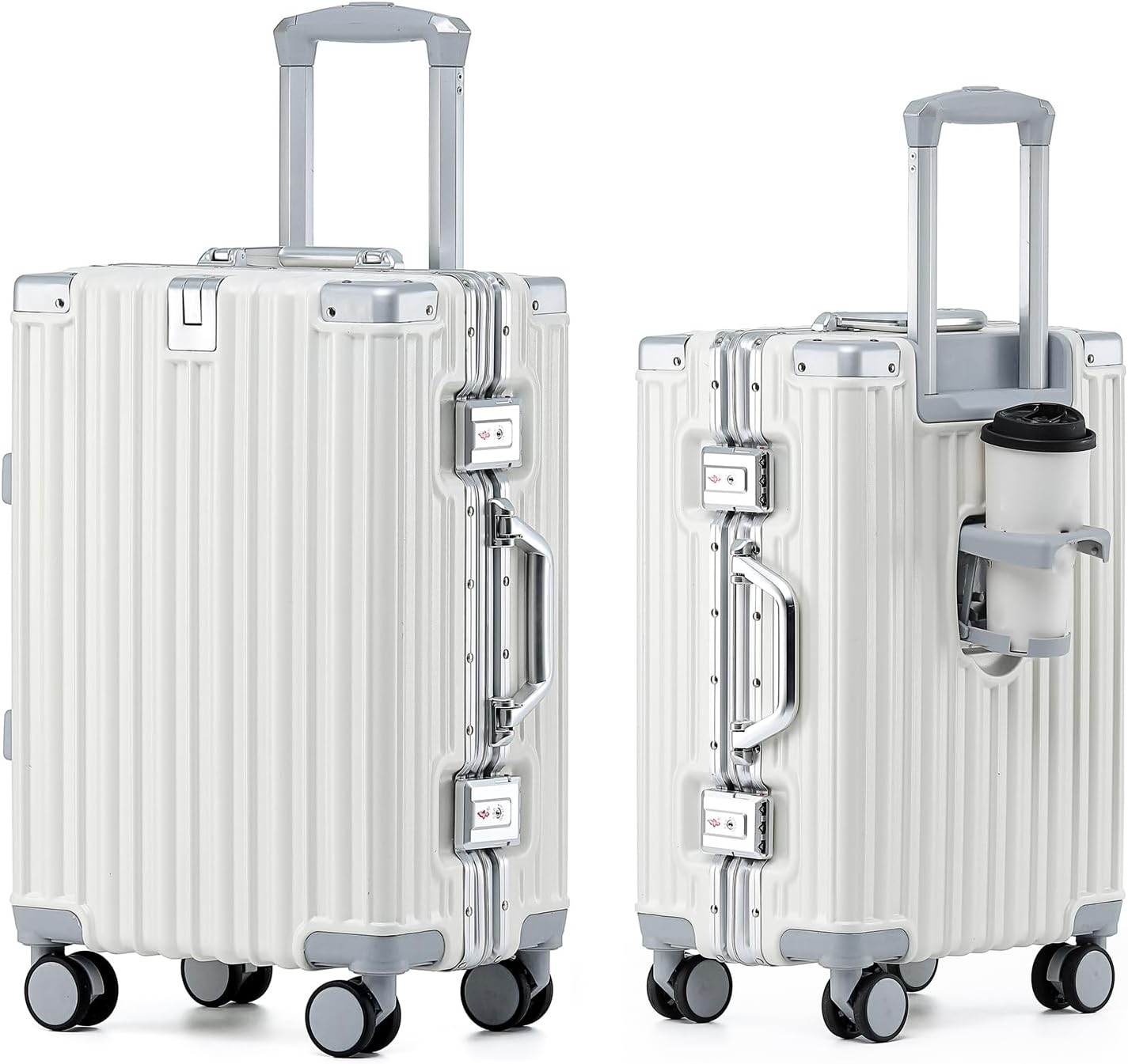 HotWay 24 Inch Aluminum Frame Luggage with Spinner Wheels, PC Hard Shell Suitcase with Cup Holder, Zipperless Luggage for Business Travel, White