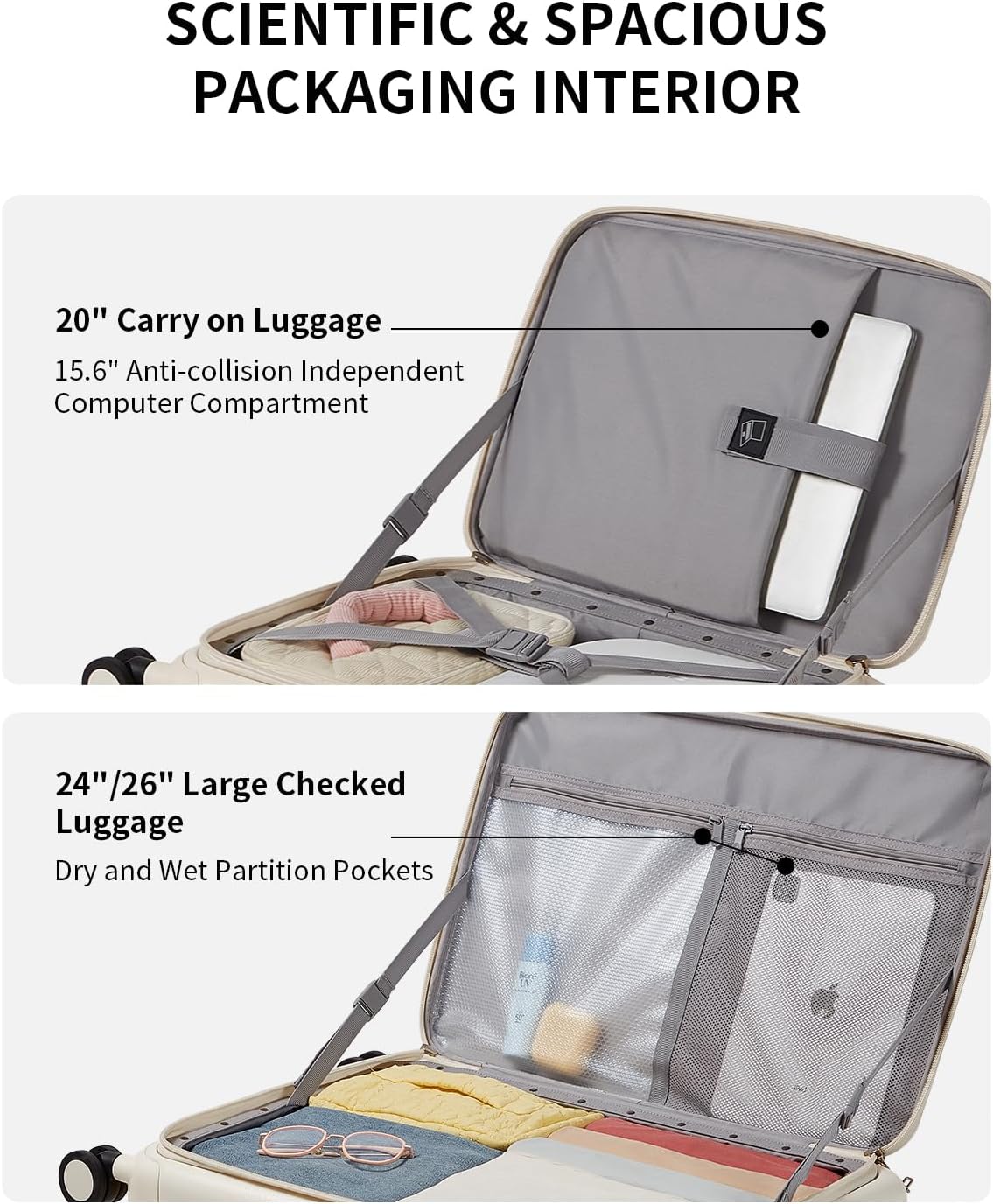 aji Expandable Top Open 26 Inch Checked Luggage with Spinner Wheels, Large Suitcase with TSA Lock, Hardside Travel Luggage Suitcases for Men Women, for 24+Days Travel, Coconut White