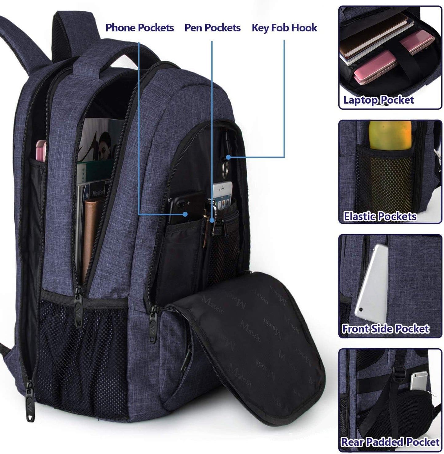 MATEIN Large College Backpack, Sturdy Computer Backpack with USB Charging Port Fits 17 inch Notebook, Carryon Luggage Travel Laptop Bag for Business Men and Women Christmas New Year Gift, Blue
