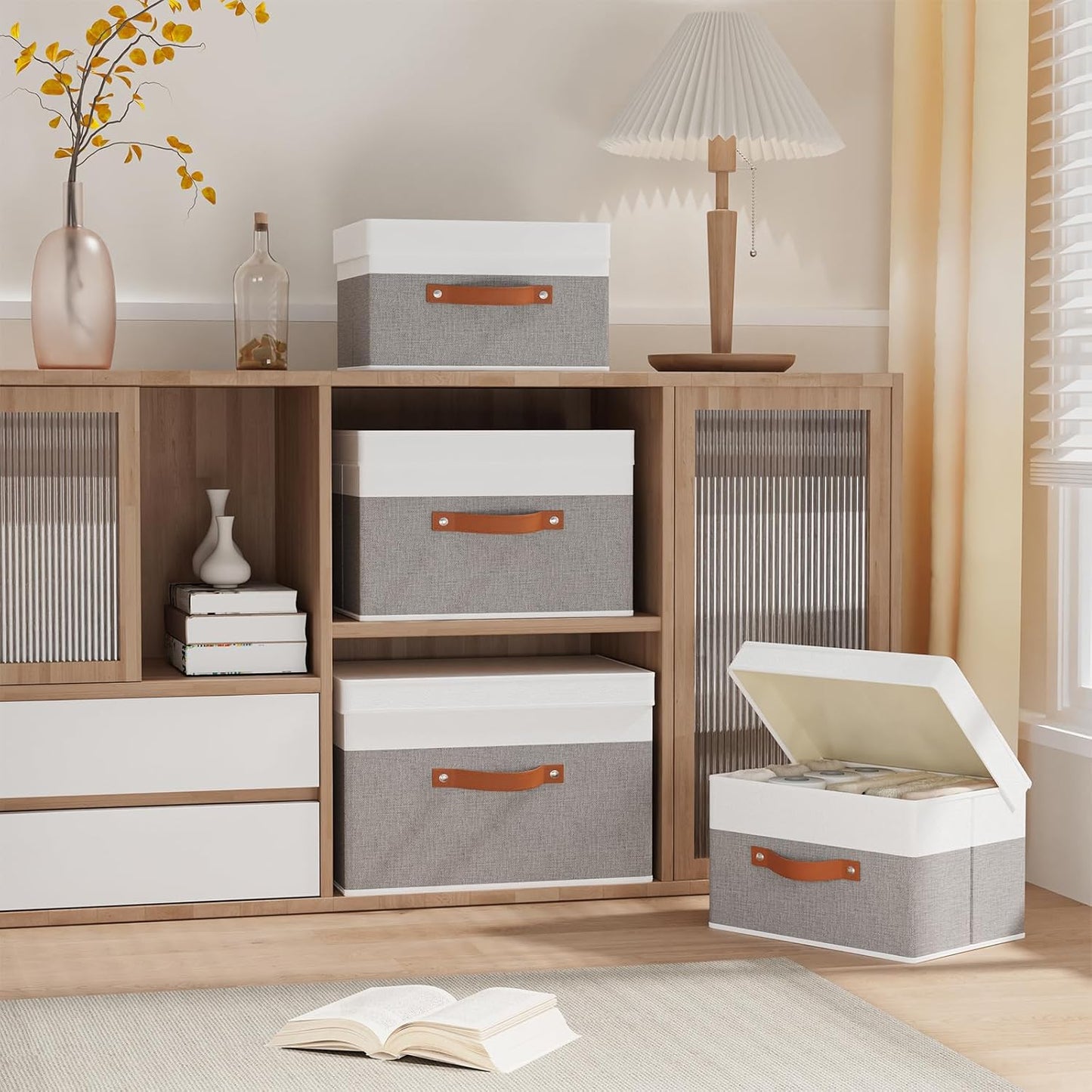 Fabric Storage Bins with Lids, 5 Pack Linen Foldable Cloth Baskets, 15 x 9.8 x 9.8 Inch Closet Organizer Containers with Double Handles, Sweater Boxes for Bedroom, White and Grey
