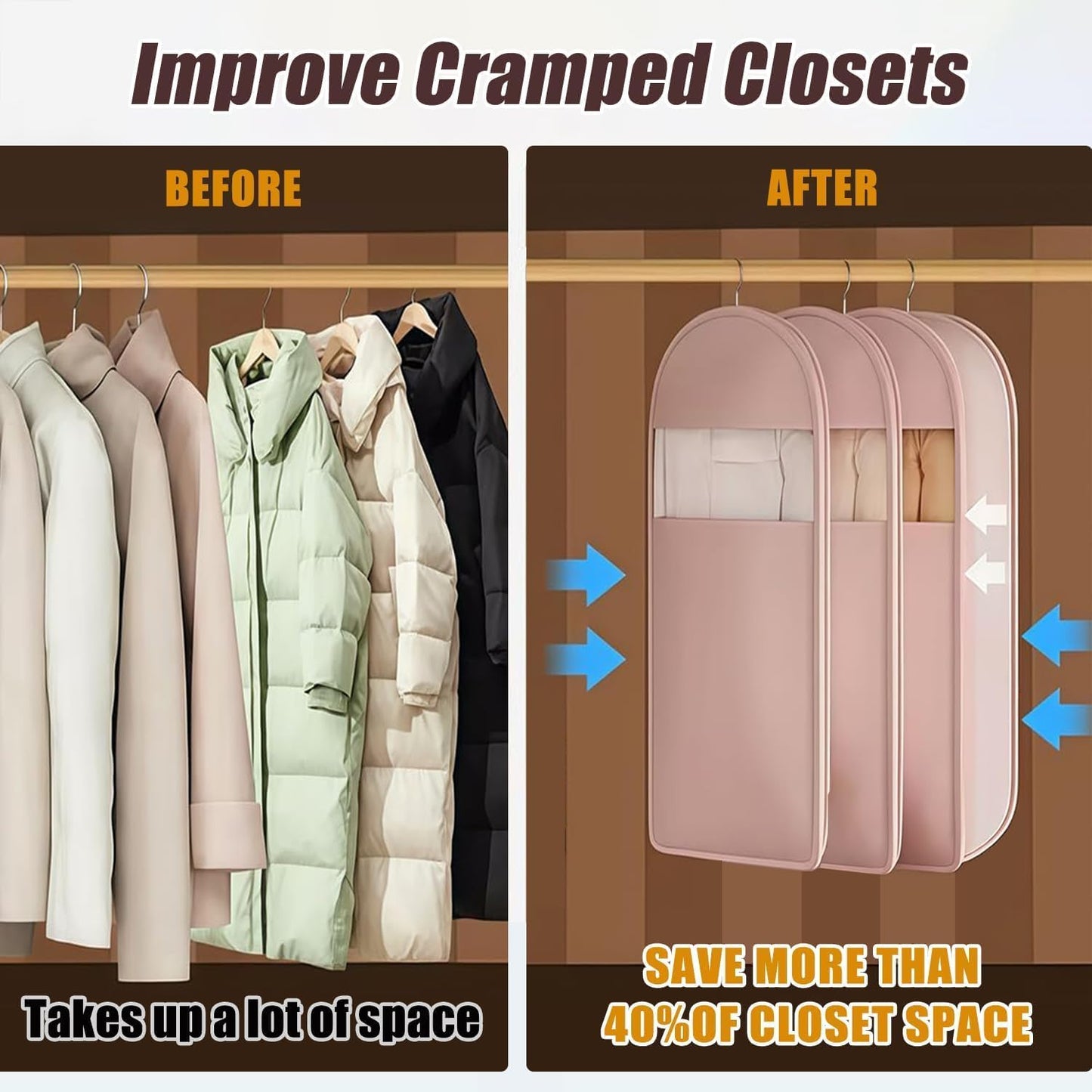 Space Saving Hanging Garment Bag with Self Compression Zipper, Space-Saving Dust-Proof Down Jacket Compression Storage Bag for Coats Blankets, Sweaters, Seasonal Clothes(Beige, XL)