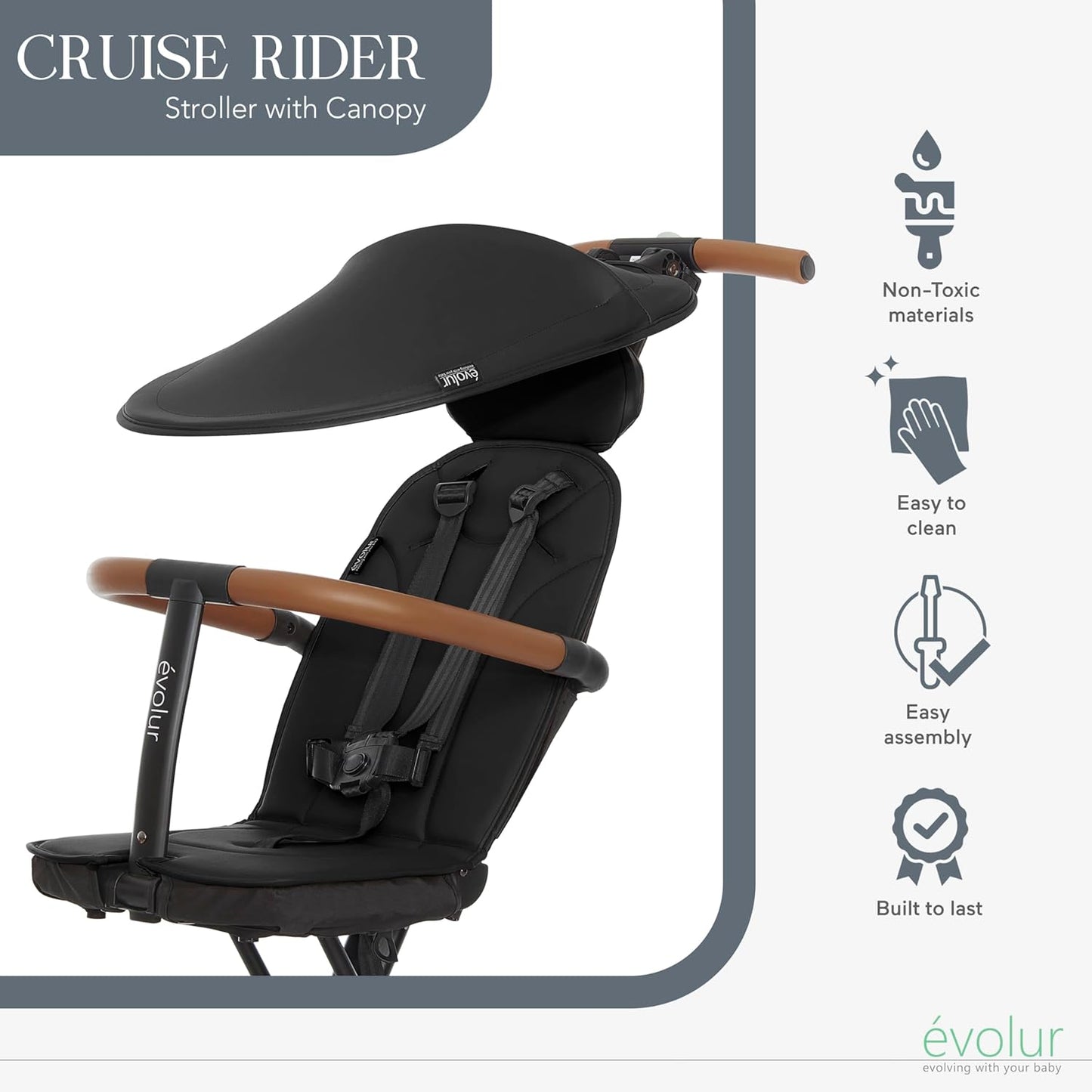 Evolur Cruise Rider Stroller with Canopy, Lightweight Umbrella Stroller with Compact Fold, Easy to Carry Travel Stroller - Noir Black