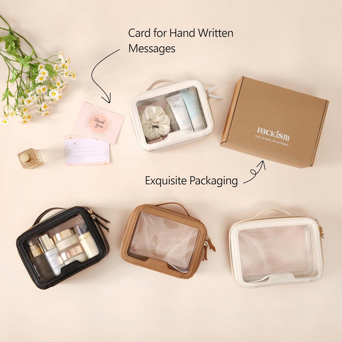 PACKISM Medium Clear Makeup Bag - PU Leather Clear Travel Bags for Toiletries Car Bag for Essentials, with Message Card Cosmetic Bags Makeup Case for Women Gift (Cream Medium)