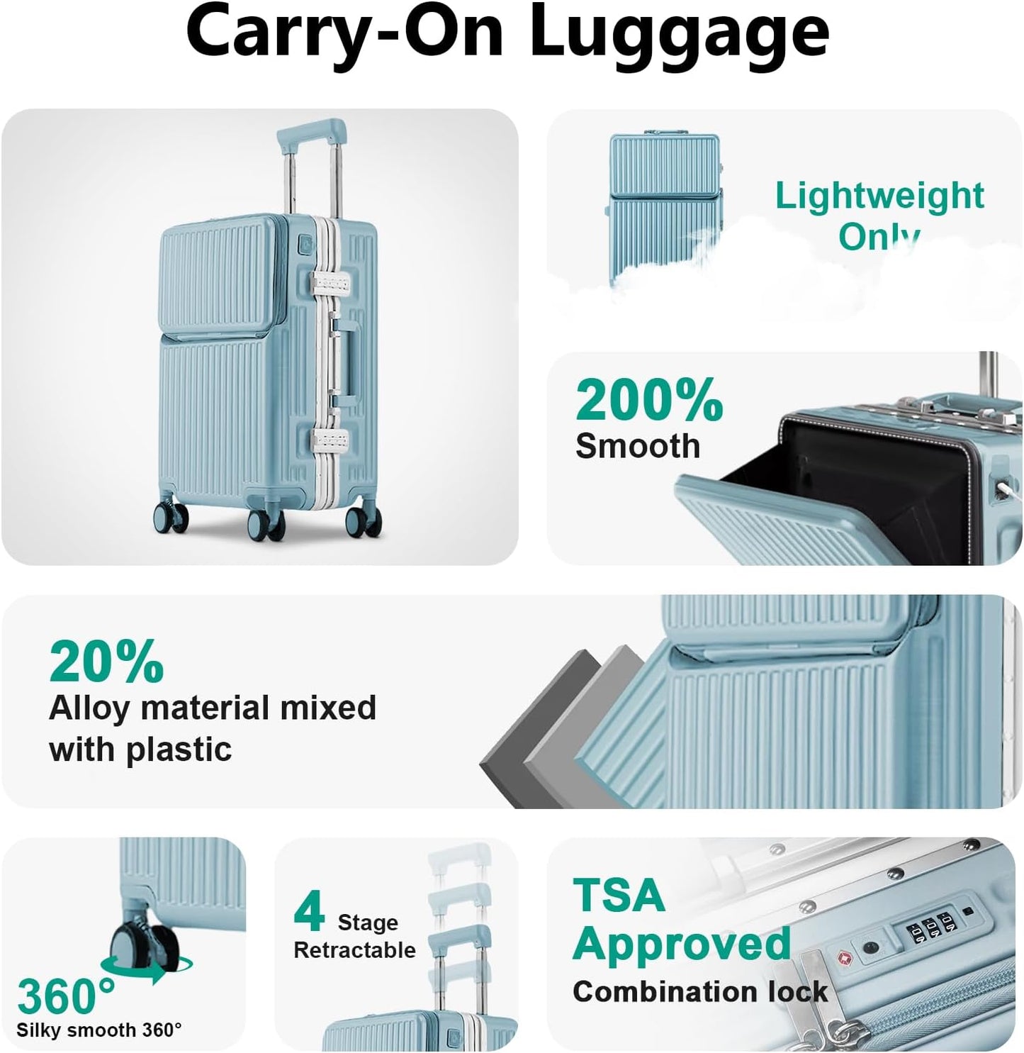 Hard Shell Luggage 20 Inch Travel Luggage, Carry-On Luggage Spinner TSA with Lid, PC+ABS Aluminum Frame，Lightweight Travel Luggage 20'' 24'' 26''Carry-On (upgraded blue, 24 inch)
