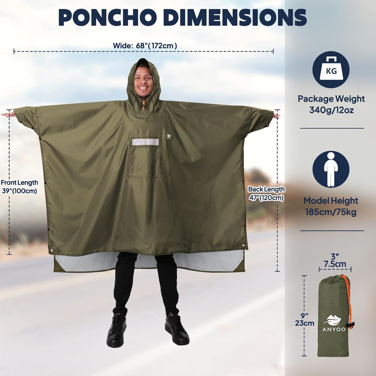 ANYOO Hooded Rain Poncho for Adults Waterproof Lightweight Rain Coat for Men Women Reusable Rain Jacket for Emergency Outdoor