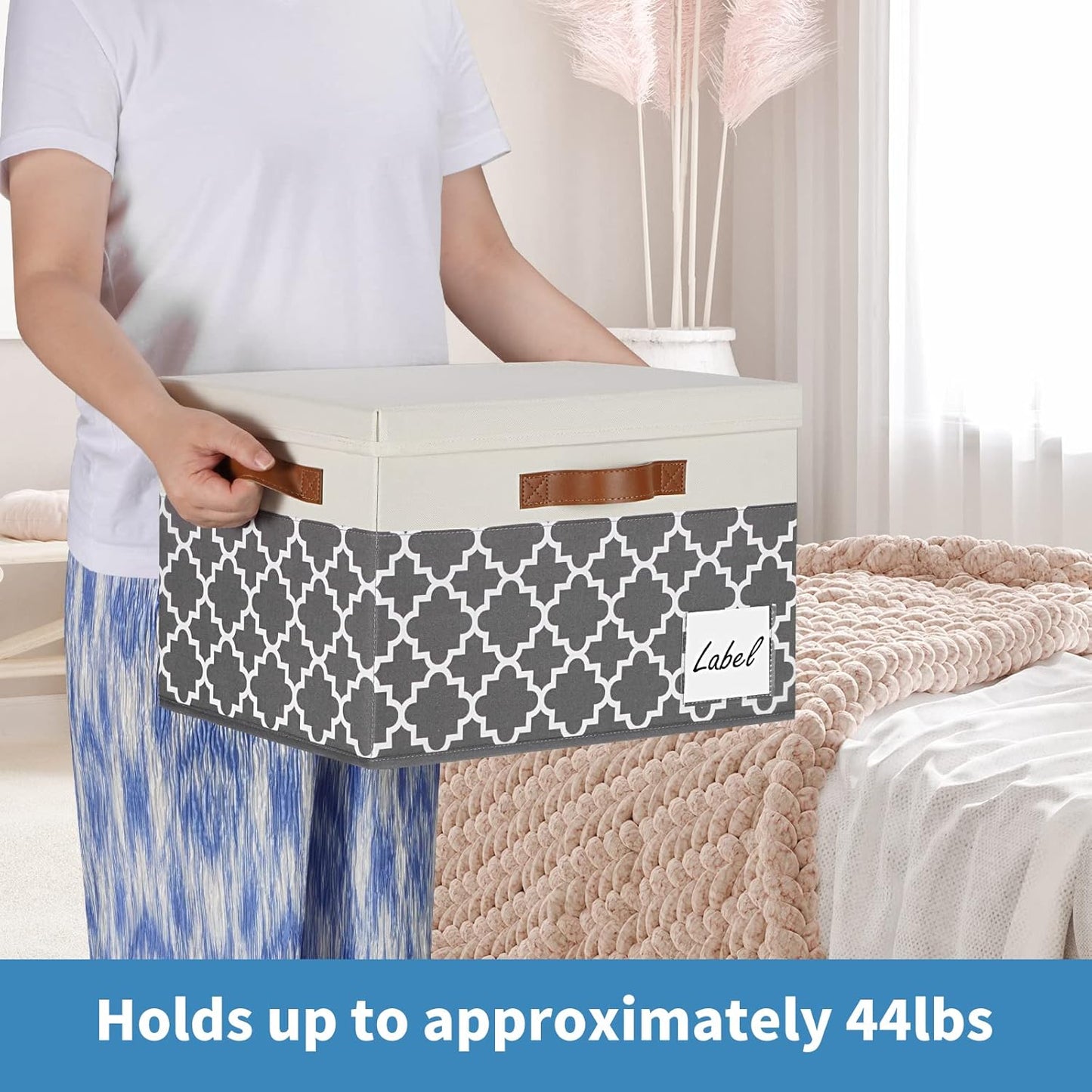 GhvyenntteS Large Fabric Storage Bins with Lids (6 Pack), Foldable Decorative Storage Boxes with Lids and 3 Handles, Sturdy Storage Baskets with Label Window for Home Office (White&Lattice Grey)