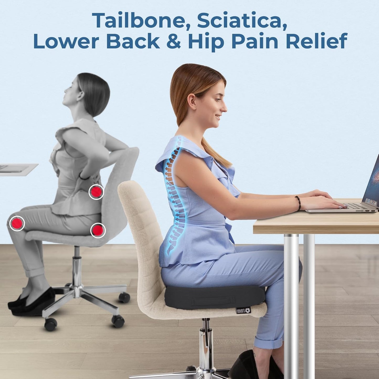 5 STARS UNITED Seat Cushion for Tailbone Pain Relief – Memory Foam Cushion for Coccyx, Hip, Hemorrhoid, Sciatica & Post-Surgery Recovery – Wheelchair, Car, Desk, Gaming & Office Chairs, D Gray