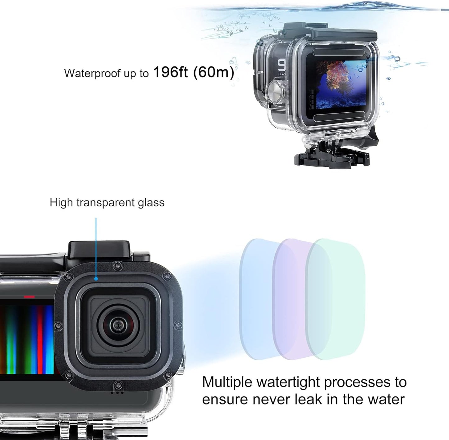 SOONSUN Waterproof Case for GoPro Hero 13 12 11 10 9 Black,196FT/60M Underwater Protective Diving Housing with Accessories, Built-in Dual Cold Shoe Mount to Connect Video Light and Microphone