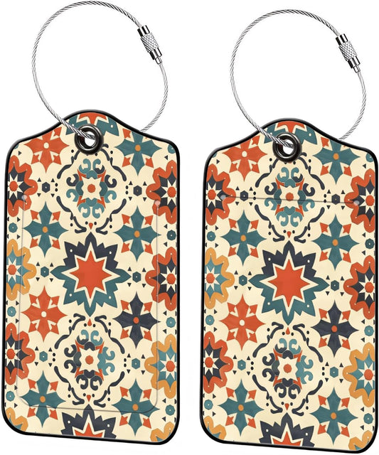 Luggage Tags for Suitcases, 2-Pack PU Leather for Cruise & Travel, Baggage ID Tags with Privacy Cover & Address Card, Durable Metal Ring, Kids Adults Travel Accessories, Vintage Tilework