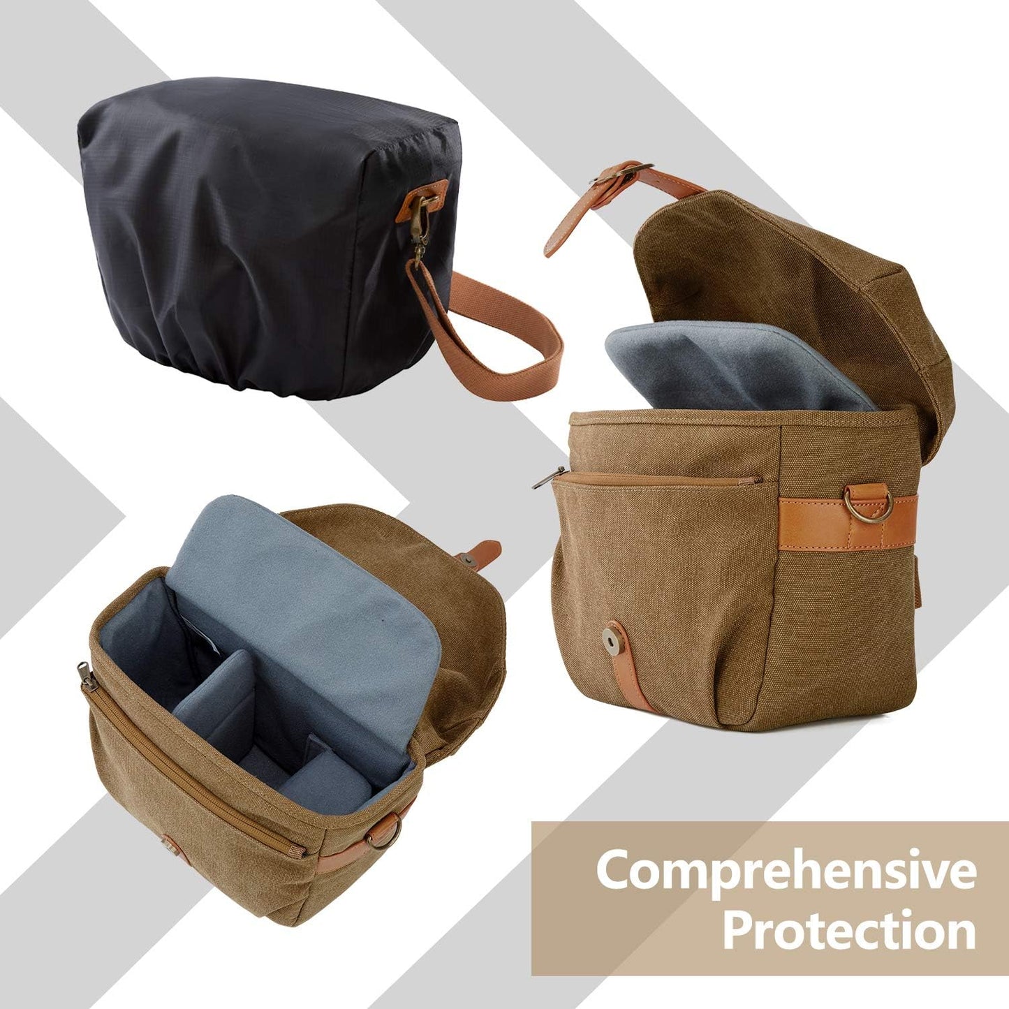 BAGSMART Camera Bag, SLR DSLR Canvas Crossbody Camera Case, Compact Camera Shoulder Bag with Rain Cover for Women and Men, Khaki