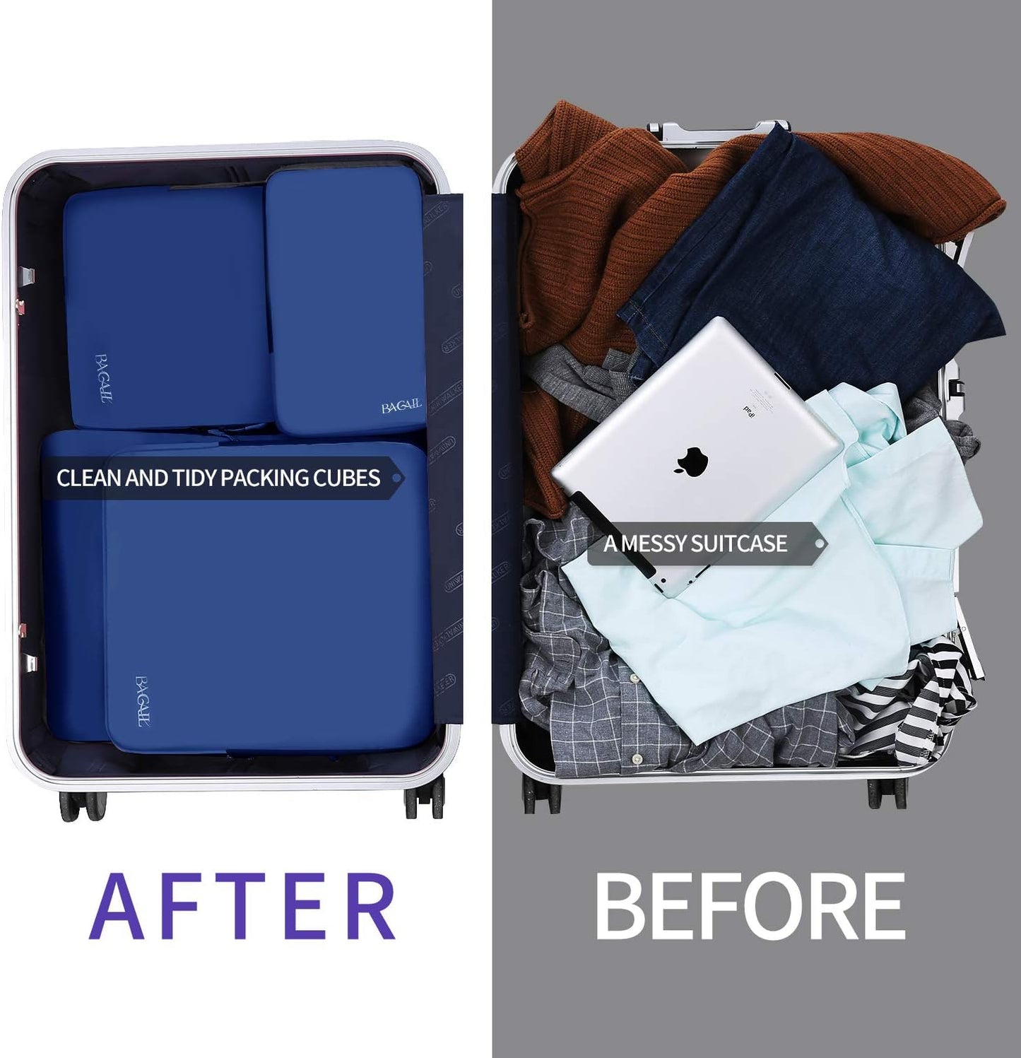 BAGAIL 4 Set/6 Set/8 Set Compression Packing Cubes Travel Accessories Expandable Packing Organizers (Cloth Pattern, 4-Navy)