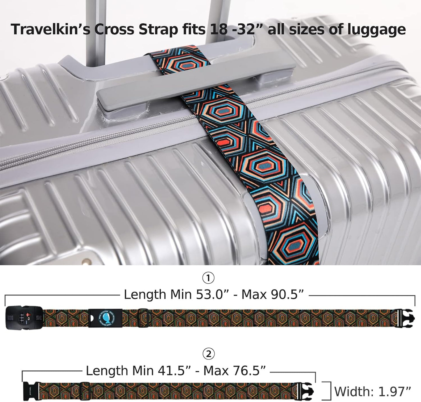 Travelkin Luggage Straps TSA Approved - Adjustable Cross Suitcase Straps with TSA Lock, Reinforced Buckle, Unique Pattern - Secure Heavy Duty Luggage Straps for Travel (Geometry)