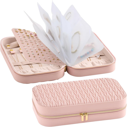Lolalet Travel Jewelry Organizer, Jewelry Storage Case with Pocket, Earrings Necklaces Bracelets Ring Zippered Storage Pouch for Women -Pink