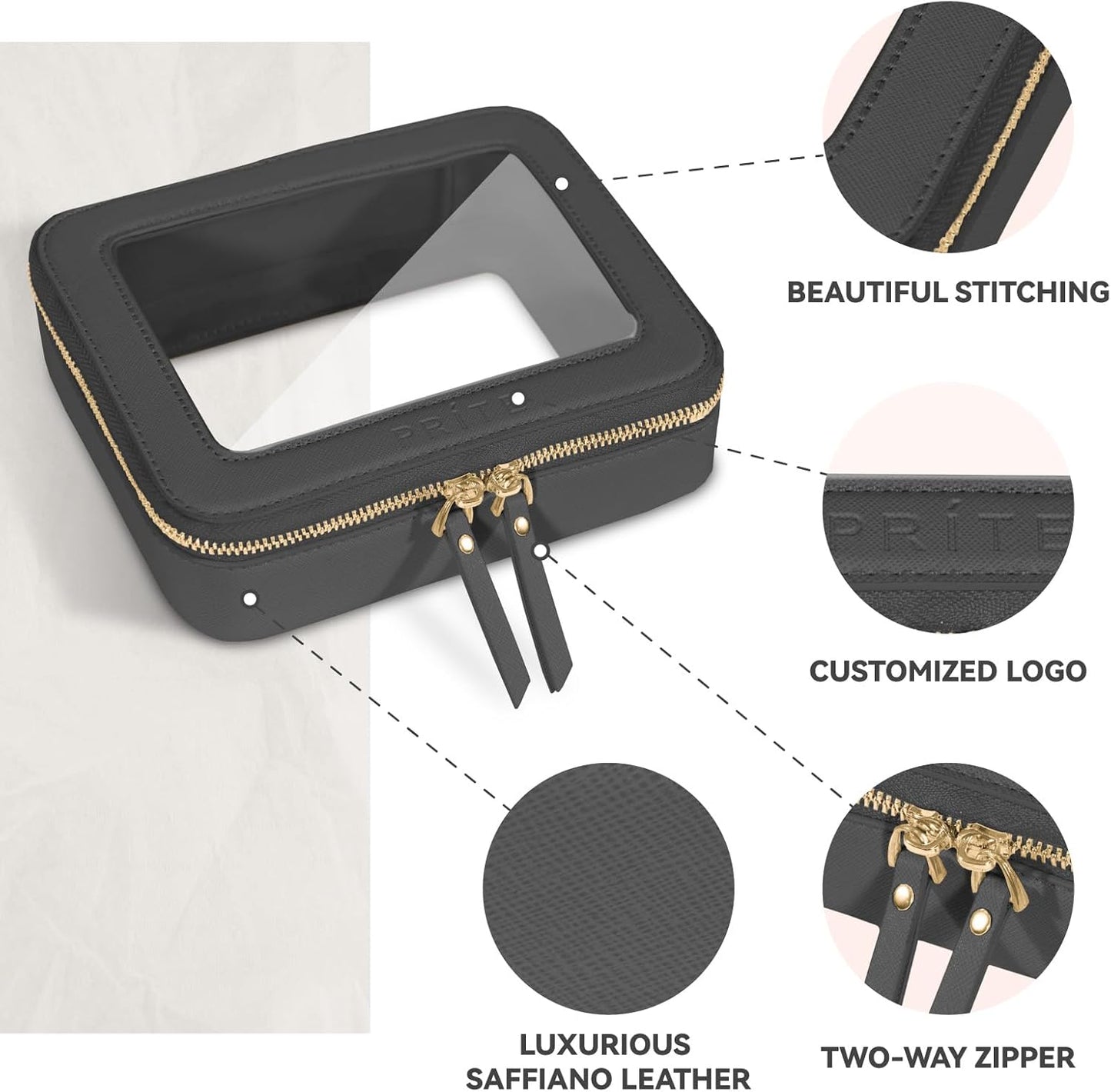 Prite Clear Makeup Bag Cosmetic Organizer Case Waterproof Travel Toiletry Bag Skincare Pouch with Golden Zipper(Black)