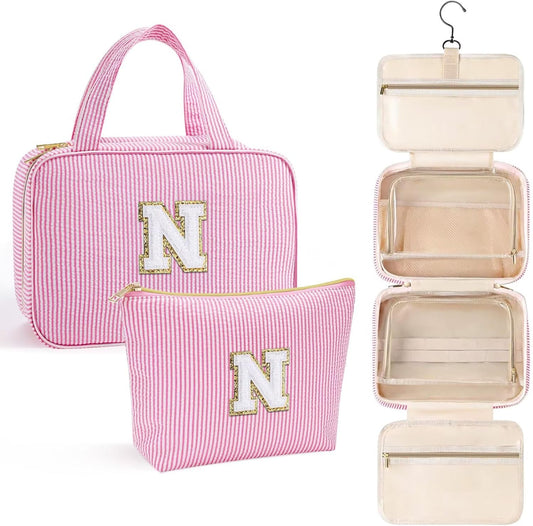 YOOLIFE Hanging Toiletry Bag for Women - Large Travel Toiletry Bag Makeup Bag, Portable Toiletries Cosmetic Bag, Airplane Travel Essentials - Letter N, Pink