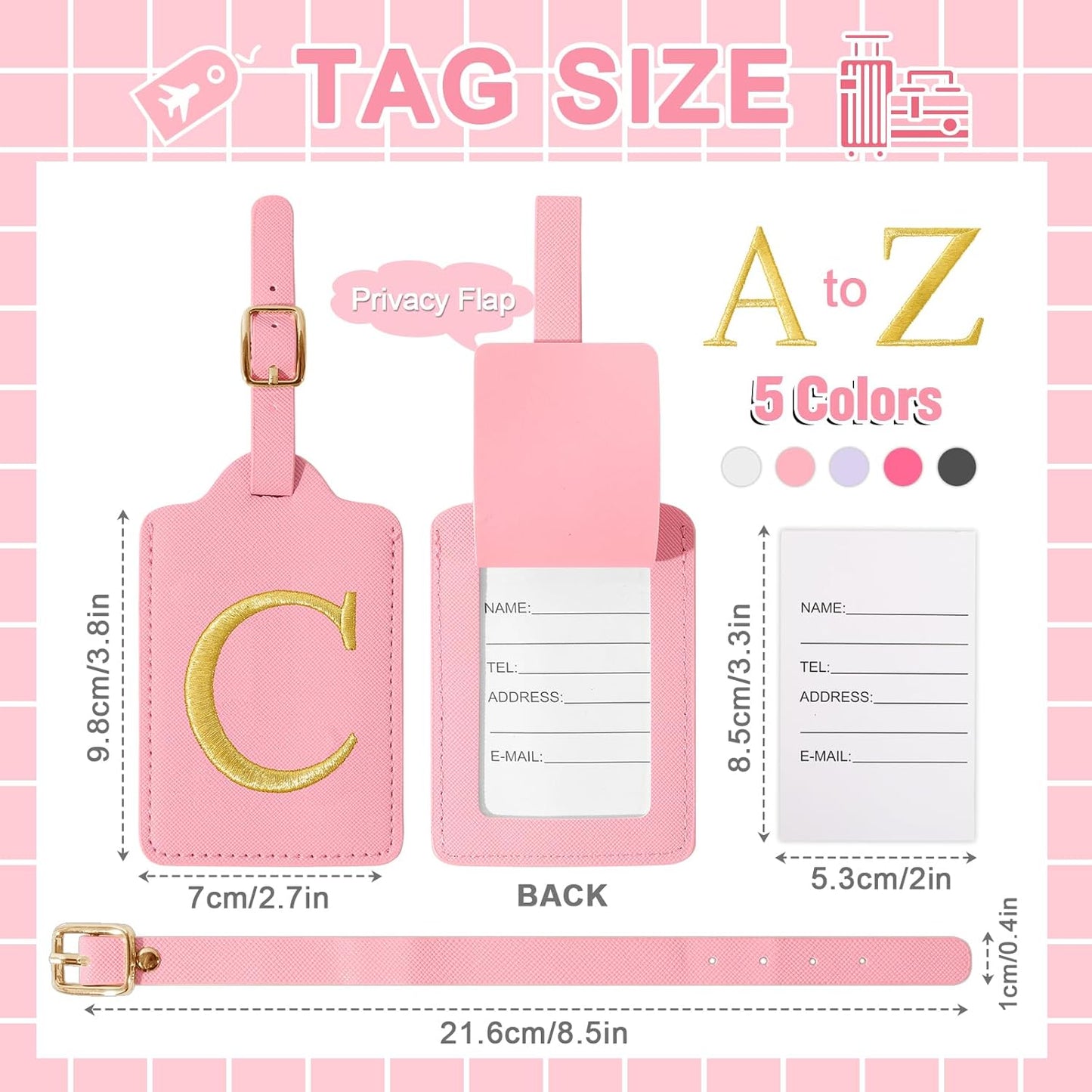 Personalized Initial Luggage Tags for Suitcase, Pink Leather Cute Luggage Tags with Privacy Cover Name Card, Embroidered Custom Monogrammed Luggage Tag Travel Bag Baggage Tags Gifts for Women Kids(C)
