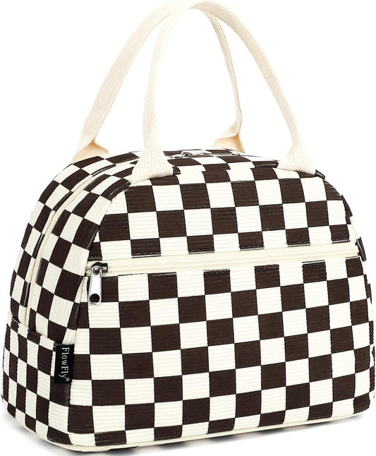 FlowFly Lunch Bag for Women Insulated Lunch Box Corduroy Lunch Tote Cooler for Travel Work Picnic,Corduroy Plaid Coffee