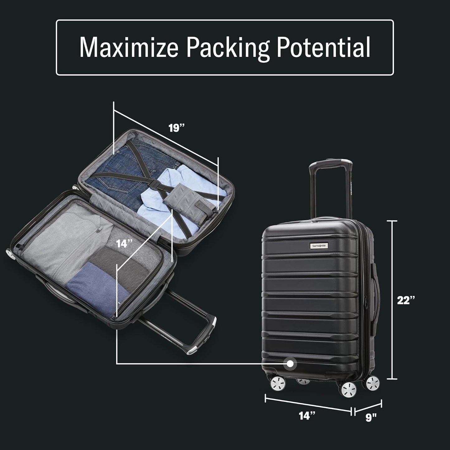 Samsonite Omni 2 Carry-On Hardside Luggage with 360° Spinner Wheels - Scratch Resistant Hardshell - TSA, Airline-Approved - Expandable Polycarbonate Shell for Lightweight Travel - Midnight Black
