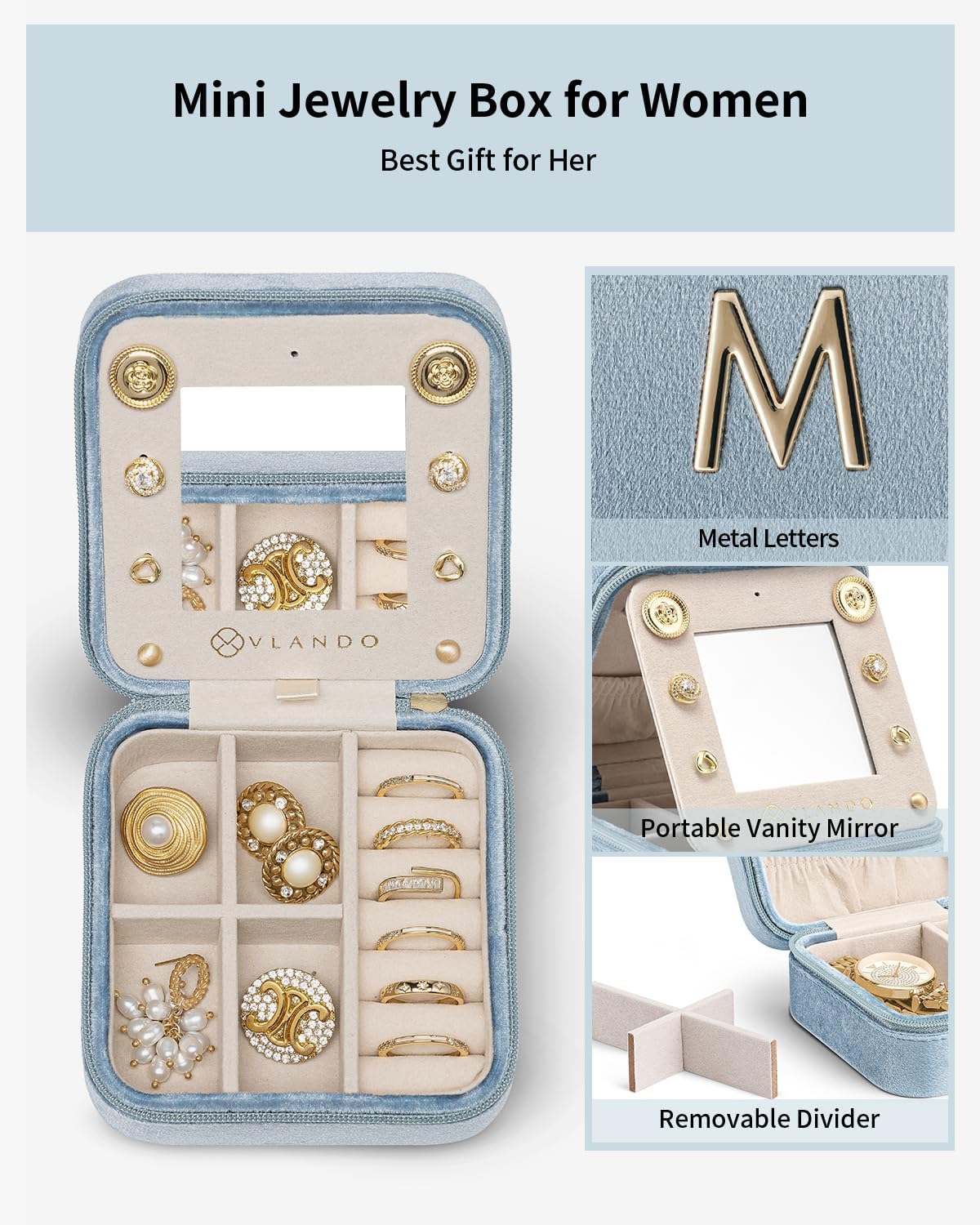 Vlando Mother's Day Gift for Women Girls, L Initial Travel Jewelry Case, Small Jewelry Travel Case, Personalized Travel Mini Jewelry Case, Birthday Gifts for Women Mom Grandma - Letter M, Blue