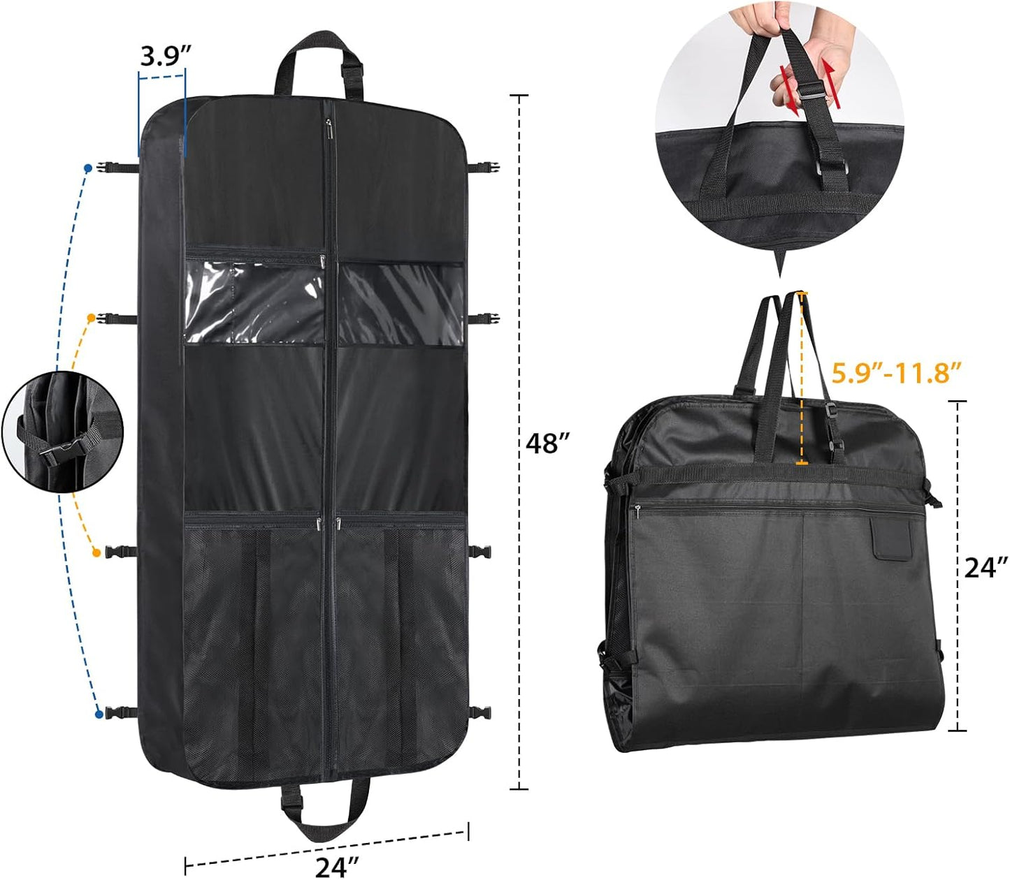 Zilink Heavy Duty Garment Bags for Travel with Accessory Pouch Carry on Suit Bags for Men Travel Convertible Hanging Suit Cover Bags for Women for Suit Shirts Coats Dresses, Black