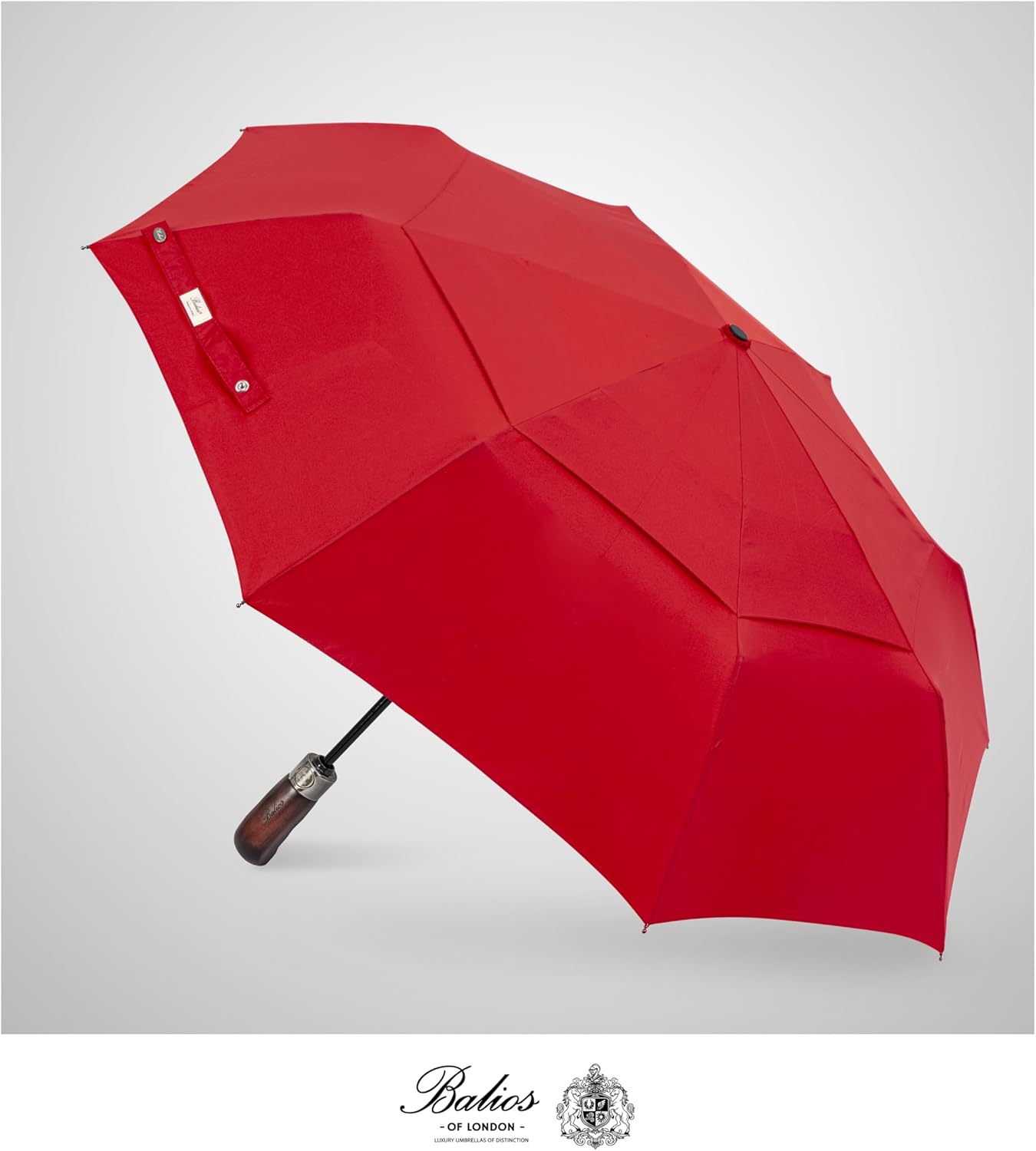 Balios Travel Folding Umbrella with Real Wood Handle Auto Open Close Vented Windproof Canopy - Designed in UK