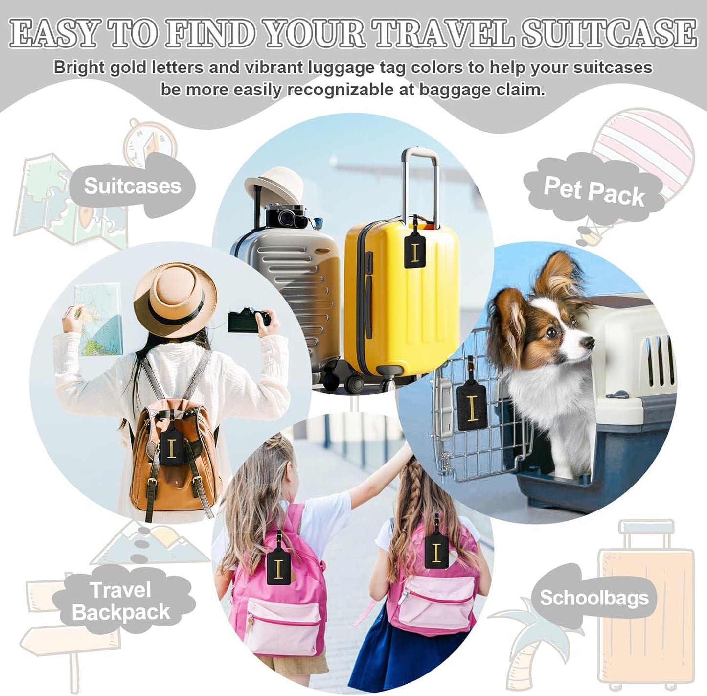 Personalized Initial Luggage Tags for Suitcase TSA Approved, Black Leather Cute Luggage Tag with Privacy Cover Name Card, Embroidered Custom Luggage Tags Travel Backpack Tags Gifts for Women Kids(I)
