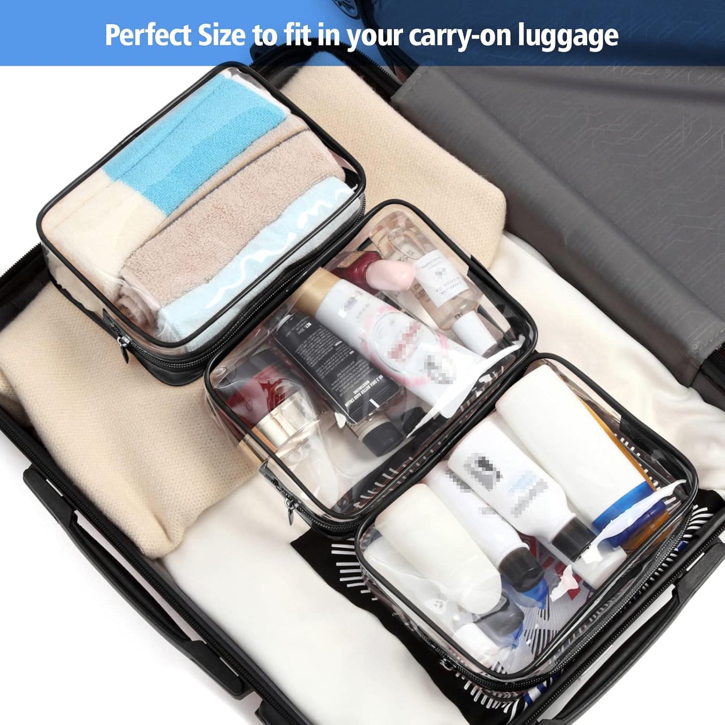 PACKISM Clear Makeup Bags - 3 Pack Clear Travel Bags for Toiletries for Women, Cosmetic Bags Carry on Toiletry Travel Essentials, Black Large